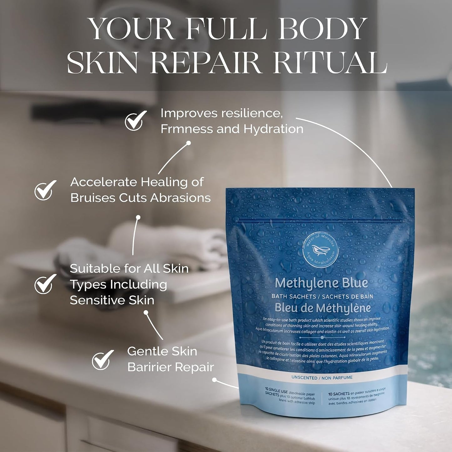 Methylene Blue Bath Soak | Age Defying Serum for Aging and Fragile Skin | Supplement for Defying The Signs of Aging Fragile Skin | USP Pharmaceutical Grade | 10 Dissolvable Sachets