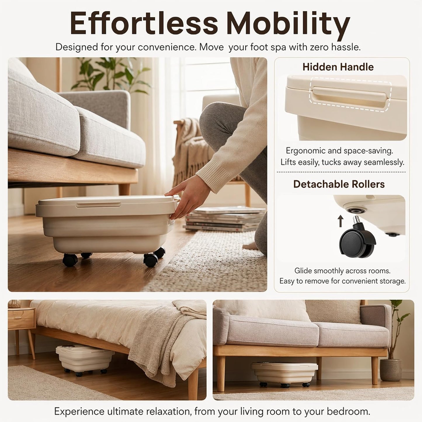 Collapsible Foot Spa Bath Massager with Heat&Bubbles,Remote Control Foot Bath with Detachable Rollers,Precise Temp Control,Hidden Handle,Foldable Foot Soaking Tub for Home Pedicure&Stress Relief