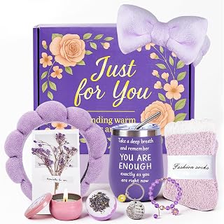 Cozy Self Care Gift Set for Her, with 12oz Insulated Mug, Spa Headband for Washing Face Set, Socks & Candle, Thoughtful Birthday Gift for Women andTeenge Girls