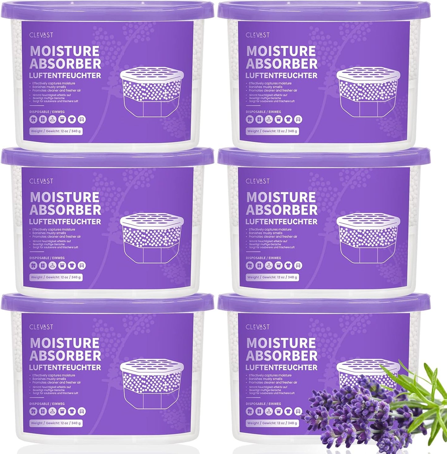 CLEVAST Moisture Absorber Boxes 6 Pack, 12 Oz Dehumidifier for Closet & Bathroom, Humidity Absorber for Wardrobe, Bedroom, RV & Car, Moisture Control, Lavender Scented