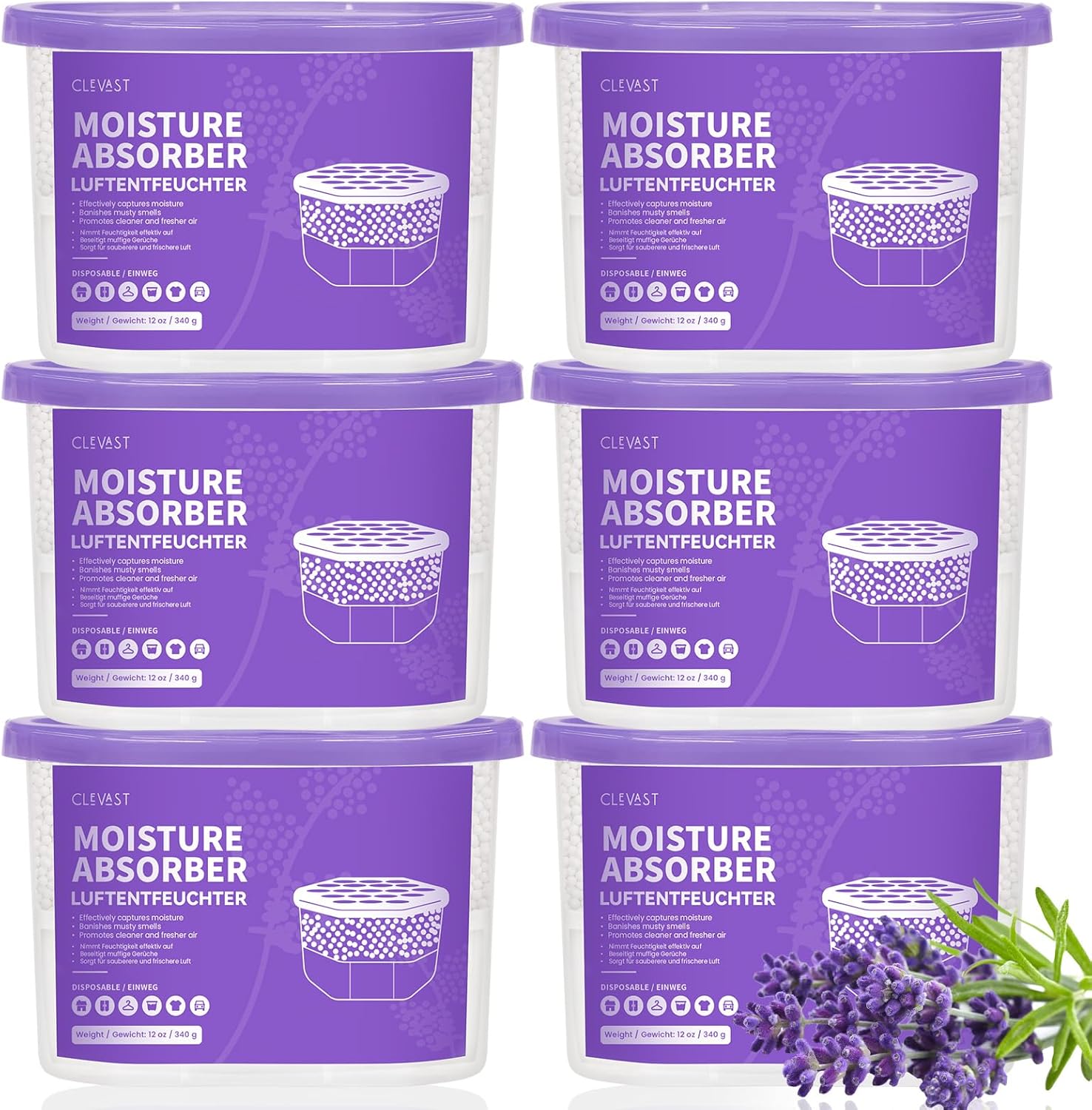 CLEVAST Moisture Absorber Boxes 6 Pack, 12 Oz Dehumidifier for Closet & Bathroom, Humidity Absorber for Wardrobe, Bedroom, RV & Car, Moisture Control, Lavender Scented