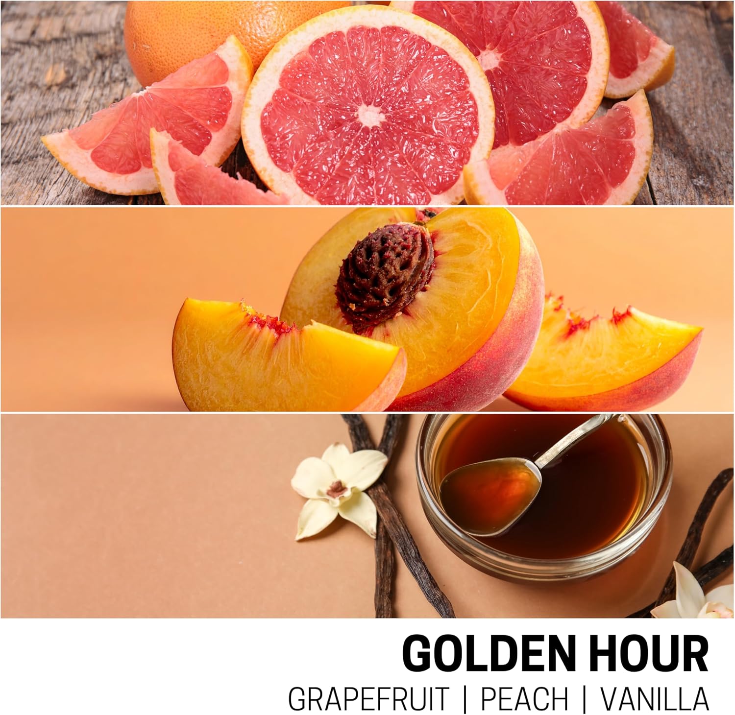 Hand-Poured Soy Wax Melts, Long Lasting Scented Cubes, 100% Natural Soy (Golden Hour: Grapefruit, Peach, Vanilla, 3-Pack with 6 Cubes Each)