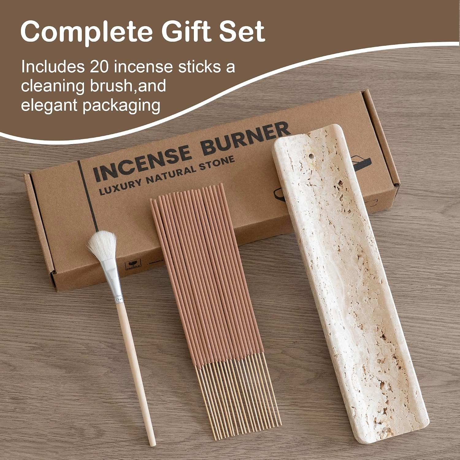 Marble Incense Holder Burner-Natural Stone Stick Incense Tray with Ash Catcher，20 Sticks & Brush - Elegant Decor for Meditation, Yoga, Home,Gift(Beige Travertine)