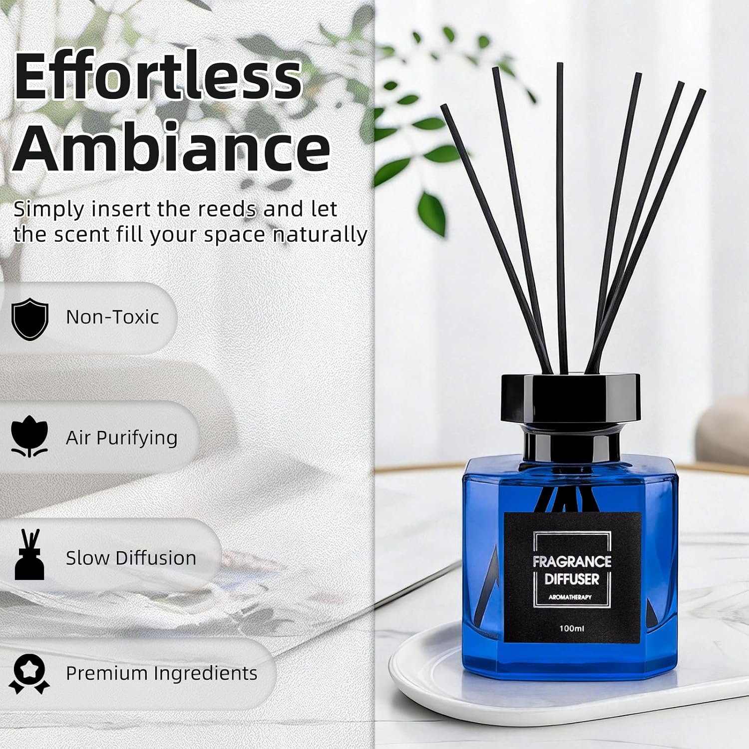 Reed Diffuser Set - 3.38 fl oz (100 ml) - Clean Linen Scent Diffuser with 5 Sticks - Long Lasting Home Fragrance - Air Freshener for Shelf Bathroom Decor Room Decor Aesthetic - Office Desk Accessories