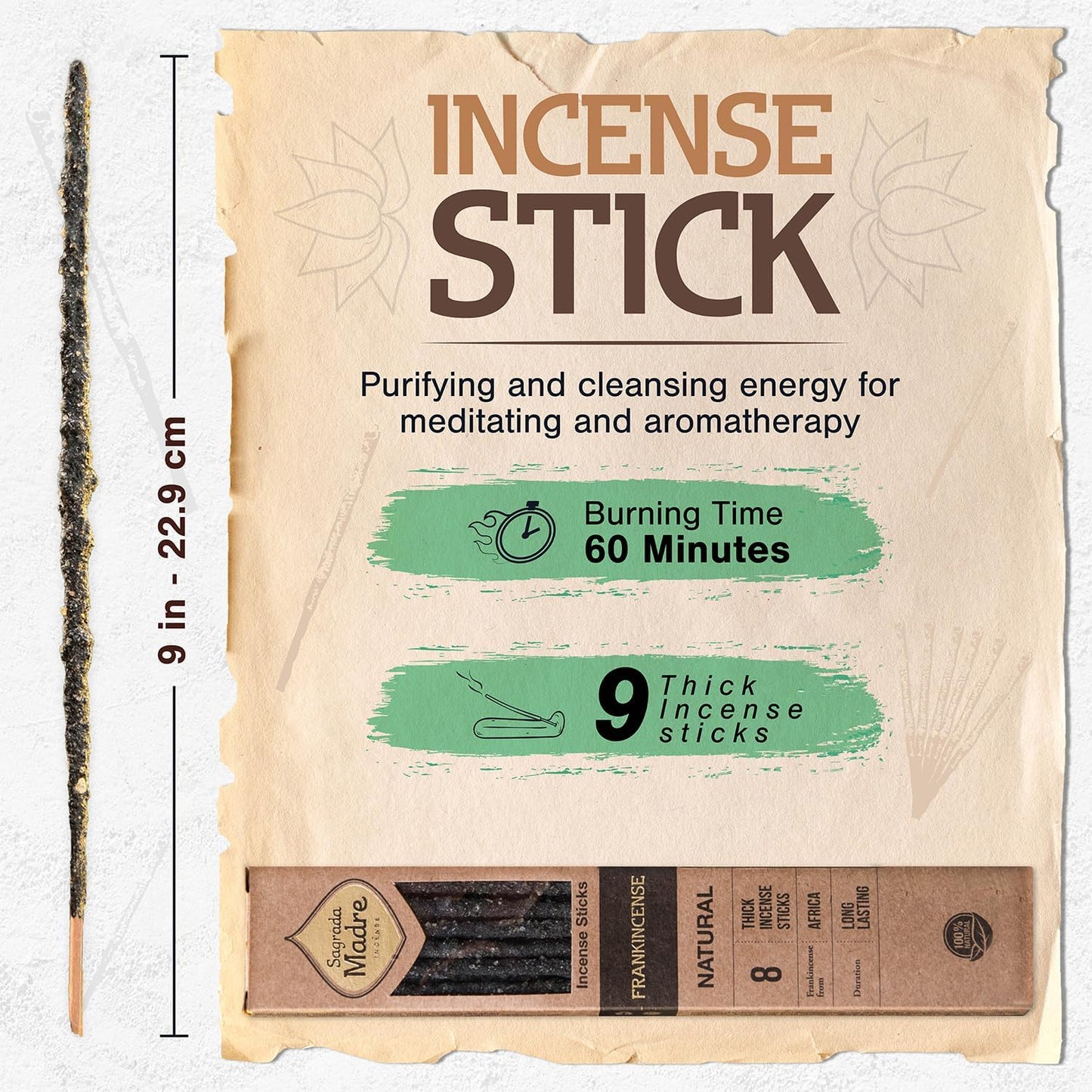 8 pcs Wildly Harvested Thick - Natural Frankincense Incense Sticks, 9” - Eco Friendly, Aromatic Non Toxic Incense Sticks (1hr Burning Time) to Heal & Purify Your Body and Surroundings
