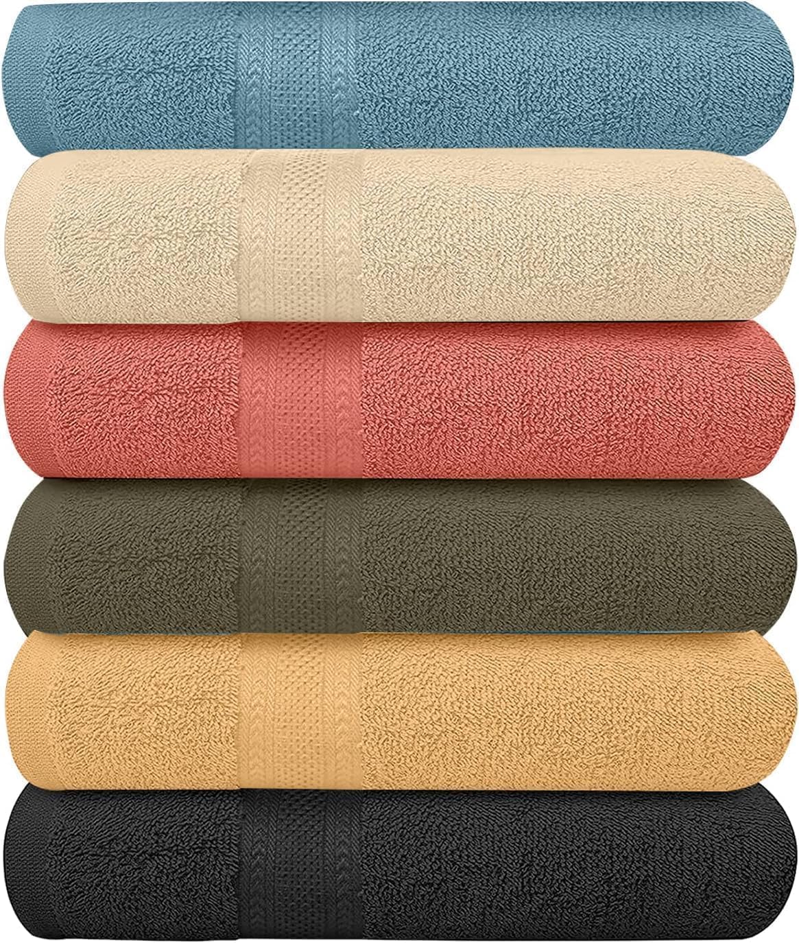 KAHAF COLLECTION 6 Pack Bath Towels Set (27 x 54 Inches) 100% Ring Spun Cotton, Lightweight, Quick Dry, Highly Absorbent Towels Multicolor, (27x54) Inches