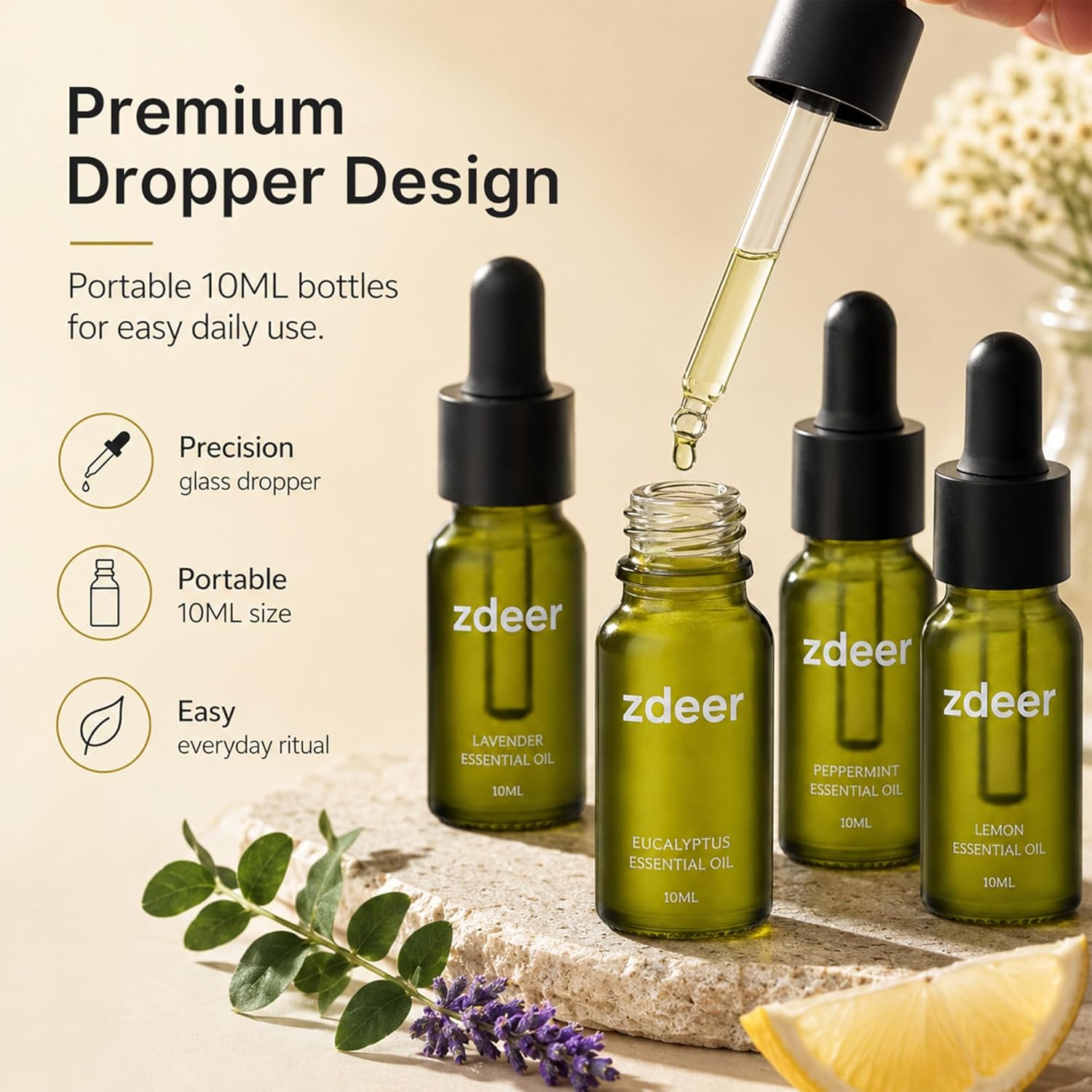 ZDEER 4-Pack Essential Oil Set – Lavender, Grapefruit, Peppermint & Eucalyptus, 4 × 10ml Nourishing Massage Oils for Face & Body, Designed for ZDEER Facial Care Device