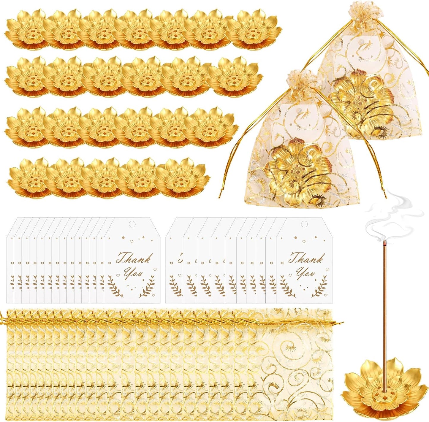 24 Set Diwali Gifts Bulk, Lotus Incense Holder, Indian Return Gifts for Pooja Bulk, Gold Lotus Incense Sticks Holder with Organza Bags & Thank You Cards, Indian Return Gift (24 Set)