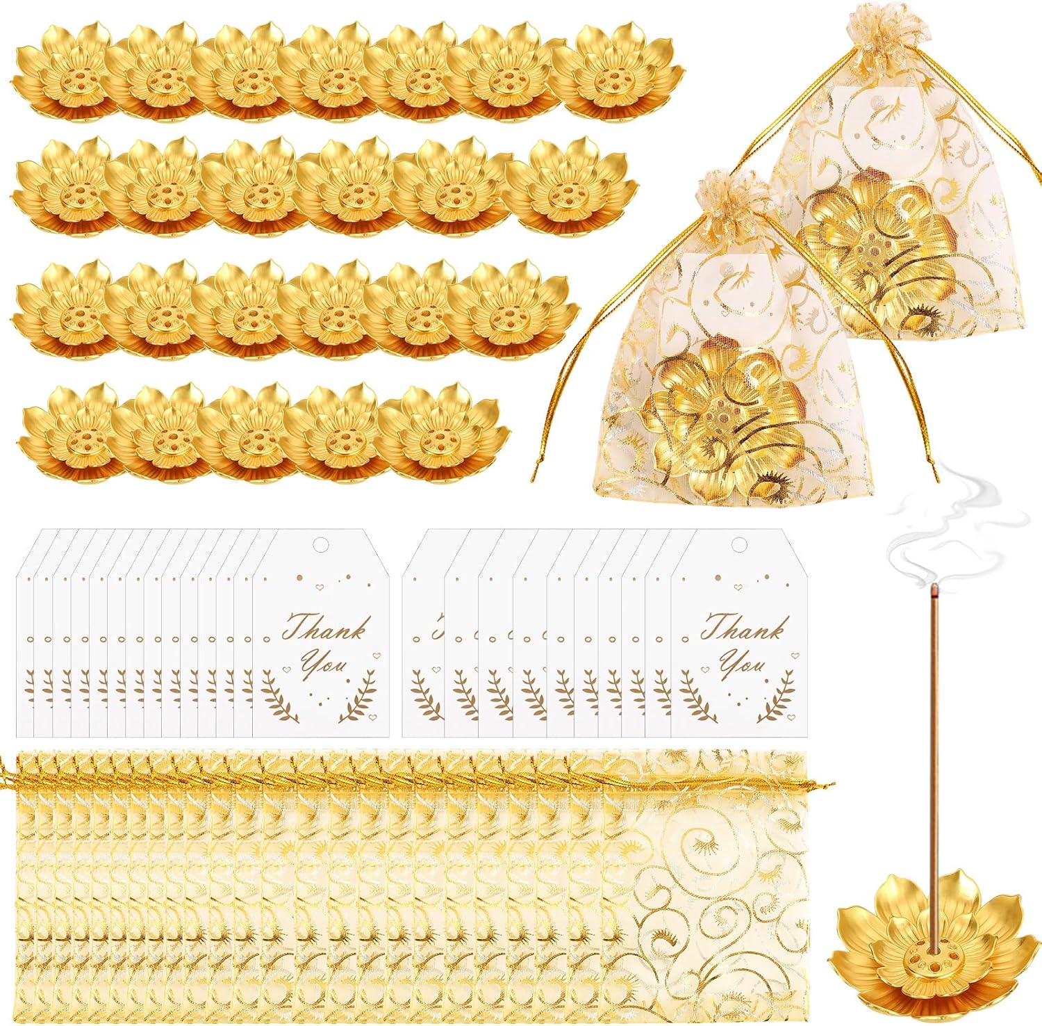24 Set Diwali Gifts Bulk, Lotus Incense Holder, Indian Return Gifts for Pooja Bulk, Gold Lotus Incense Sticks Holder with Organza Bags & Thank You Cards, Indian Return Gift (24 Set)