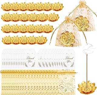 24 Set Diwali Gifts Bulk, Lotus Incense Holder, Indian Return Gifts for Pooja Bulk, Gold Lotus Incense Sticks Holder with Organza Bags & Thank You Cards, Indian Return Gift (24 Set)