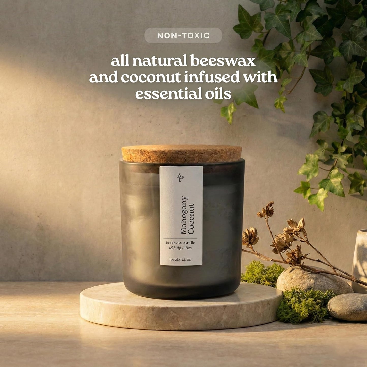 Aspen & Oak Luxury Beeswax Candle, 16oz | Long Burning Pure Beeswax Candles, Non Toxic, Natural, Clean, Essential Oil Scented Organic Candles, Home Decor & Gifts (Mahogany Coconut)