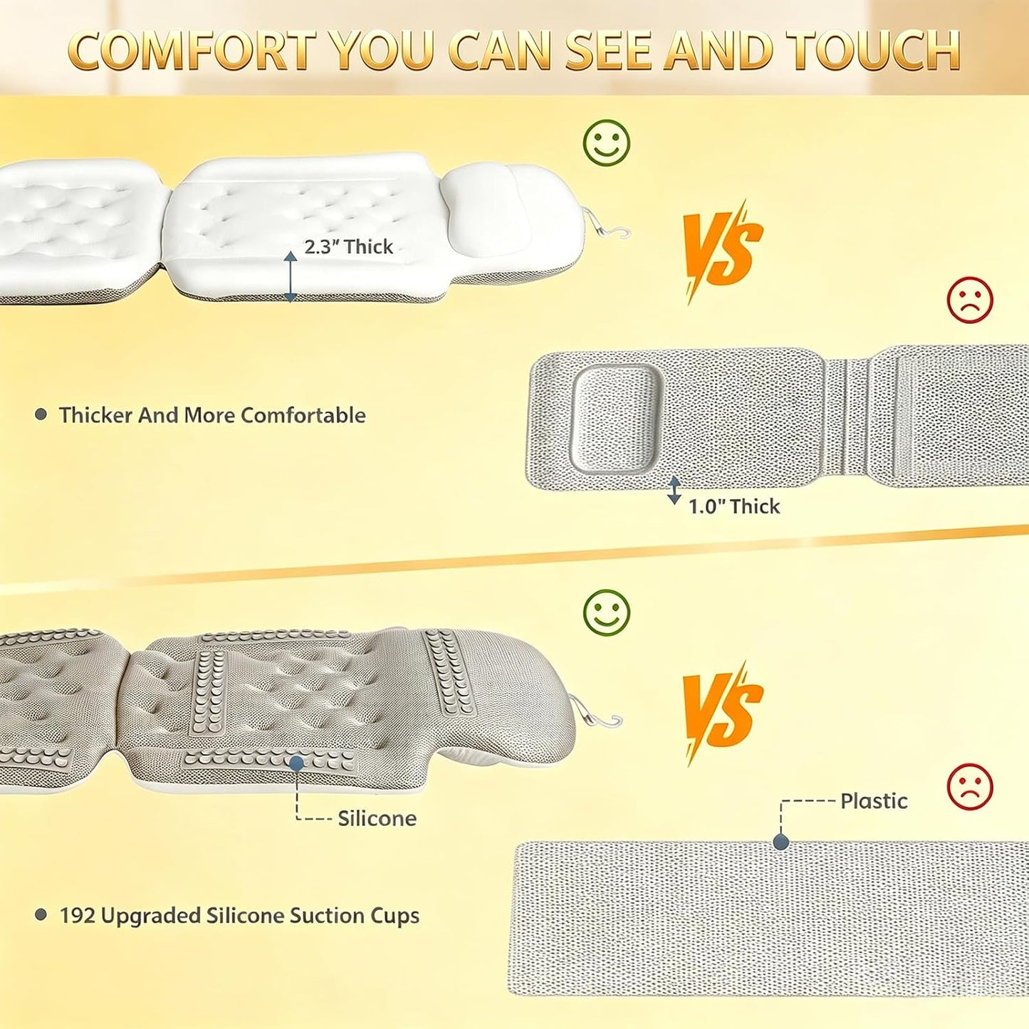 Full Body Bath Pillow, Luxury Bath Cushion with 192 Suction Cups, Bath Pillows for Tub for Head and Neck Support, with Laundry Bag White, 51" x 16"