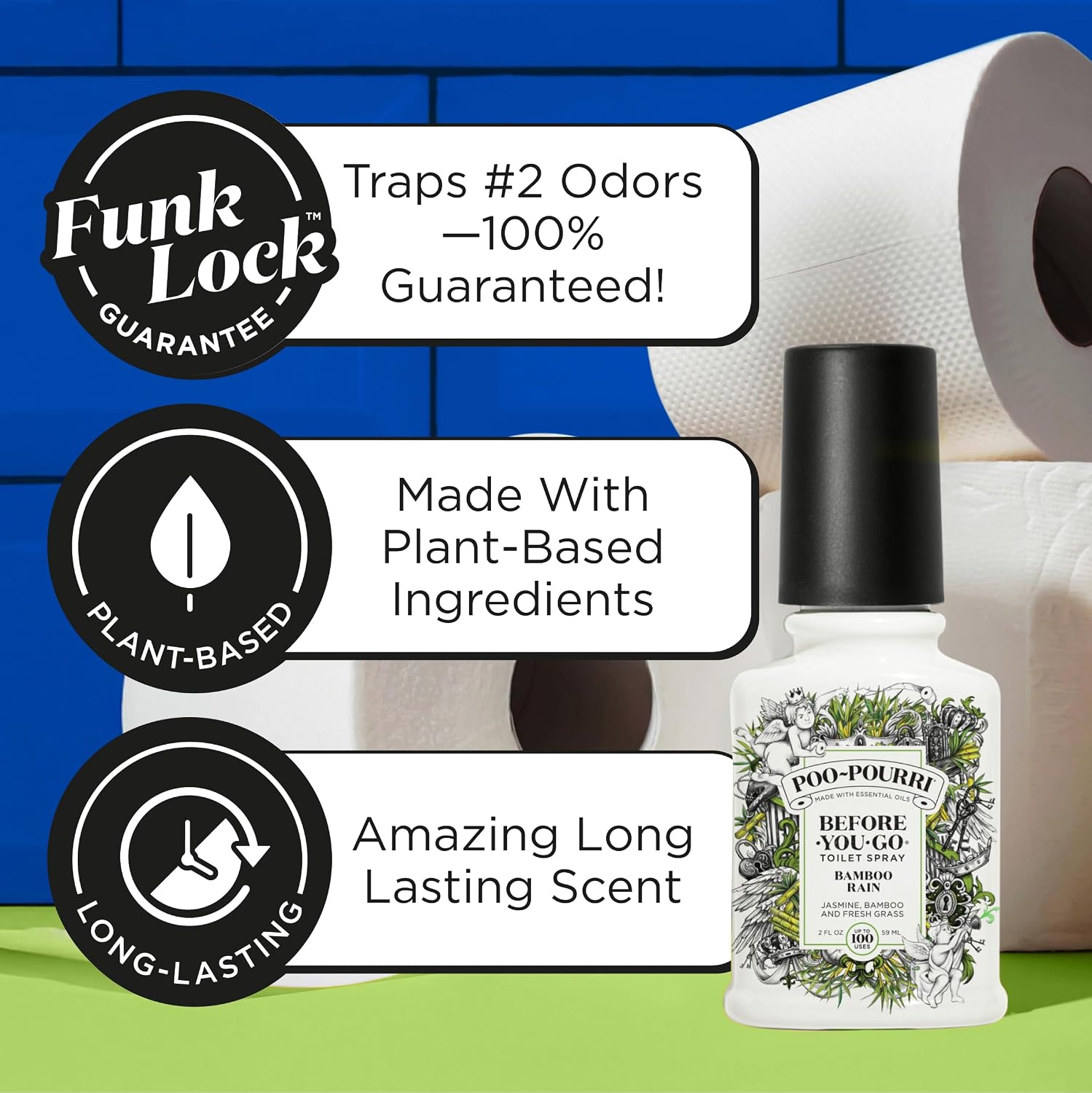 Poo-Pourri Before-You-Go Toilet Spray, Bamboo Rain, 2 Fl Oz, Up to 100 Uses, Bathroom Odor Deodorizer with Essential Oils for Home or Work, Travel Essentials, TSA Approved Size, Bamboo & Fresh Grass