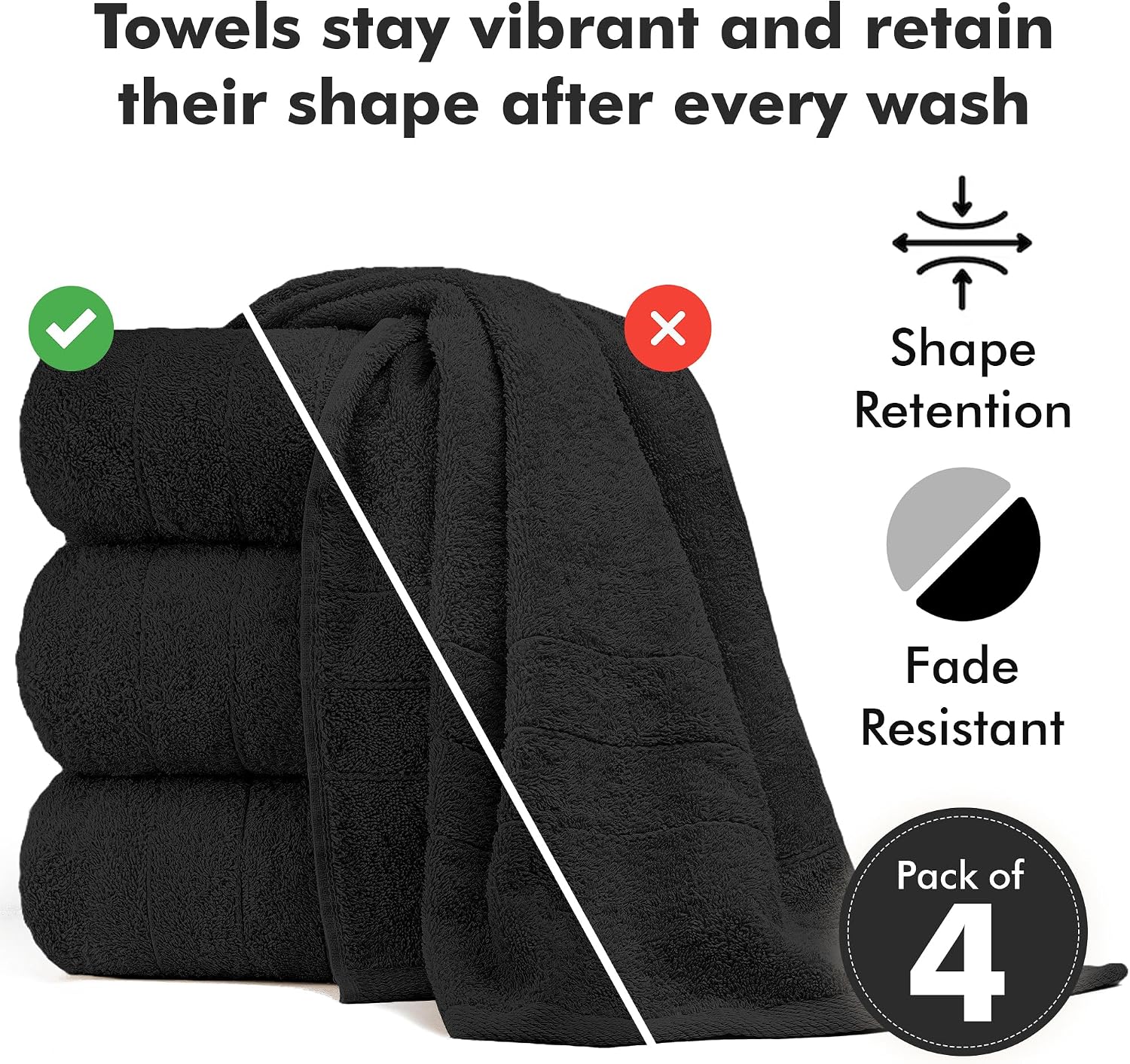 Bath Towels Set of 4 – 100% Ring Spun Cotton Black Extra Large Towels for Bathroom, Spa Use (55x28 in) – 550 GSM Super Soft and Quick Dry Large Bath Sheets for Adults