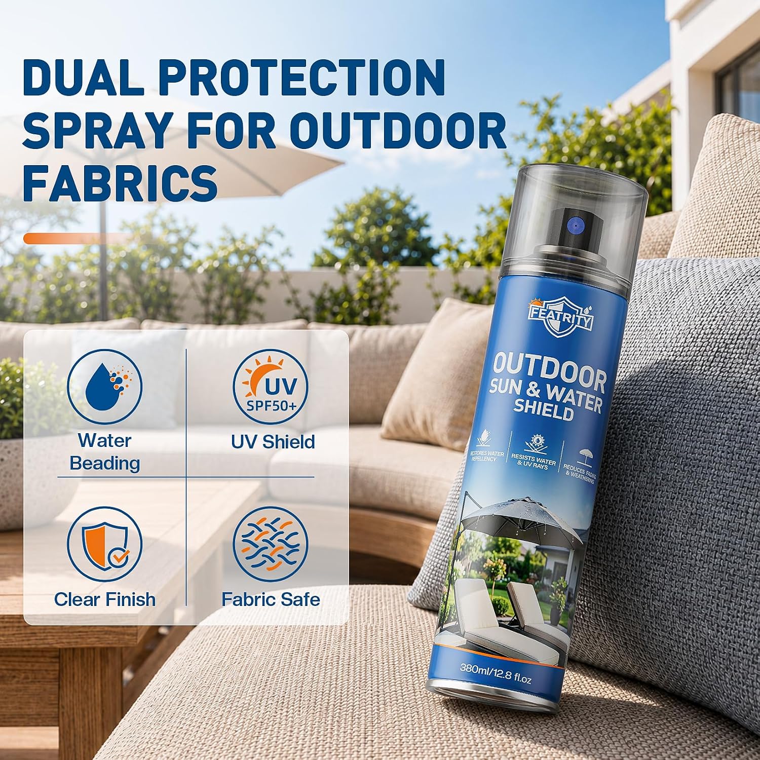 Outdoor Fabric Protector Spray: Heavy Duty Water-Repellent & UV Resistant for Patio Decor Cushions Upholstery Furniture Umbrellas - Invisible Sun and Water Shield, 12.8oz