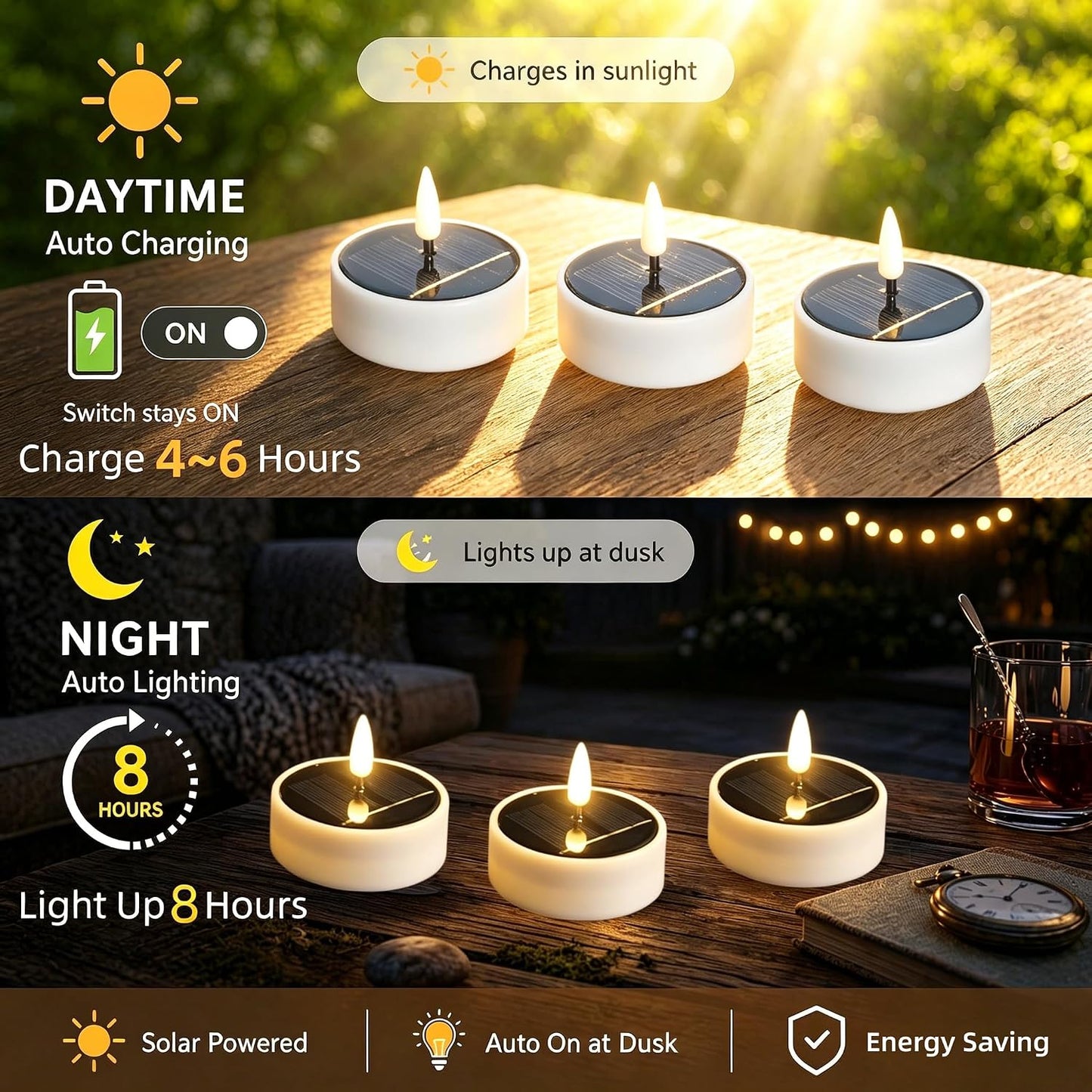 6PCS Solar Tea Lights Outdoor Waterproof, Rechargeable Reusable Flameless Flickering Solar LED Candles, Smart Dusk to Dawn Lighting for Camping, Garden Decor, Patio, Christmas Lanterns, Home Decor