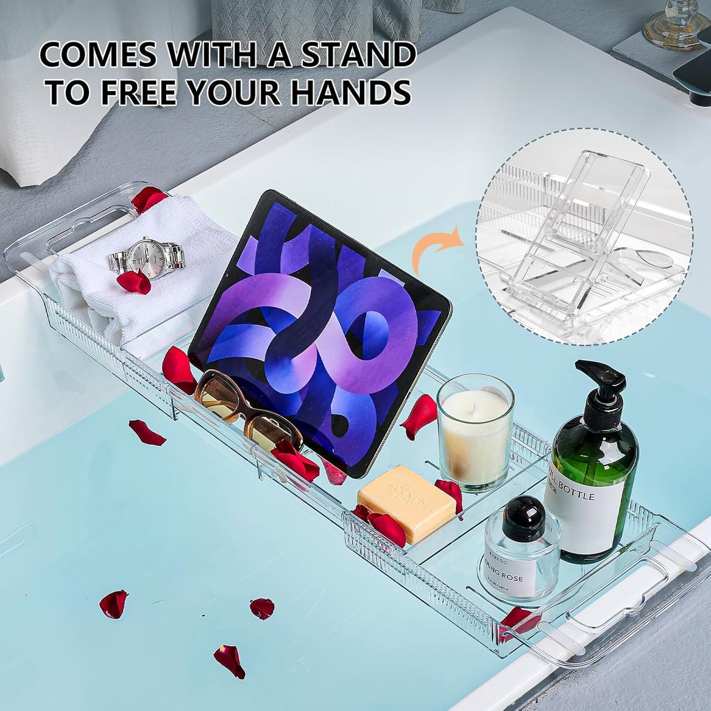 Adjustable Bathtub Tray (22-31 Inch) - Clear Acrylic Bath Caddy with Non-Slip Pads, Expandable Spa Organizer for Drinks, Books & Phone, Ideal Gift for Housewarming or Anniversary
