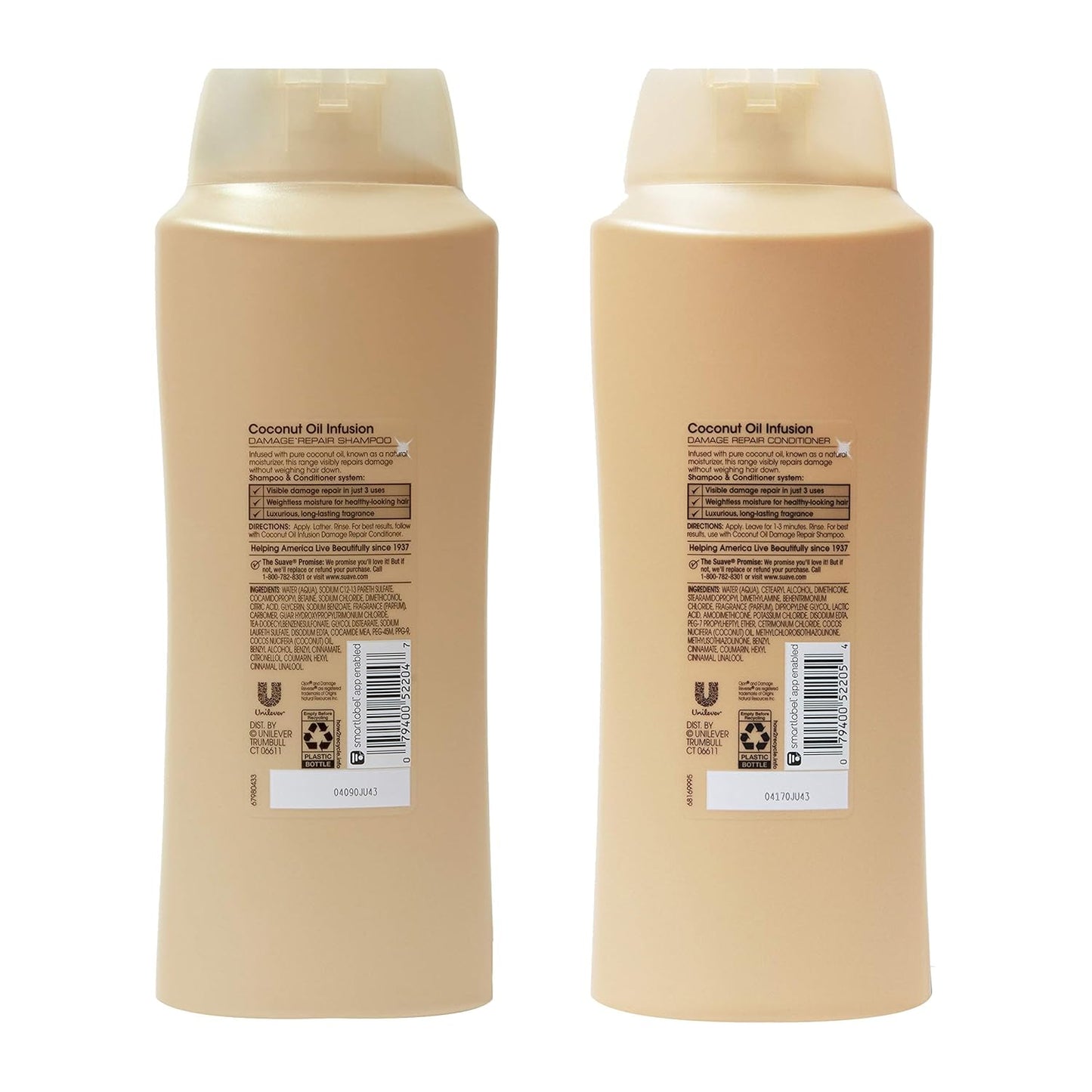 Suave Professionals Damage Repair Shampoo + Conditioner Coconut Oil, 28 Fl Oz (Pack of 4)