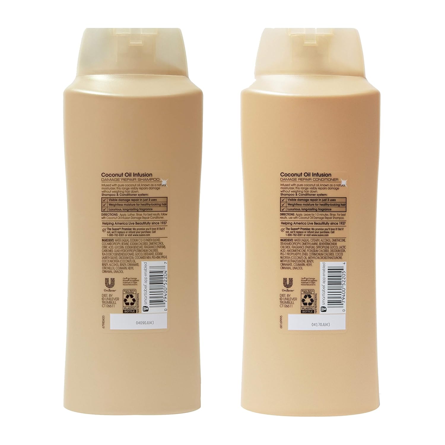 Suave Professionals Damage Repair Shampoo + Conditioner Coconut Oil, 28 Fl Oz (Pack of 4)
