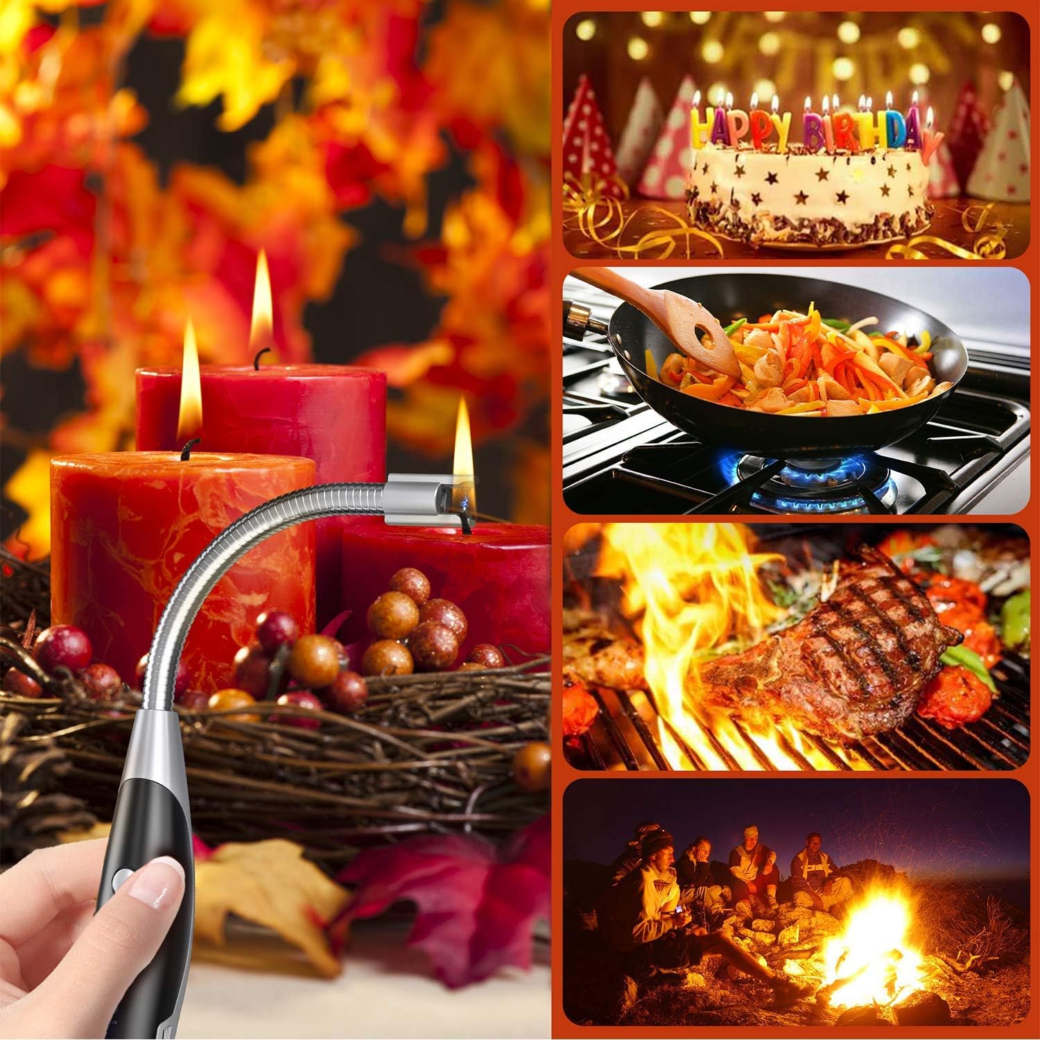 AT-Mizhi Electric Lighter - Rechargeable Long Neck Lighter with LED Flashlight for Candles, Camping & BBQ