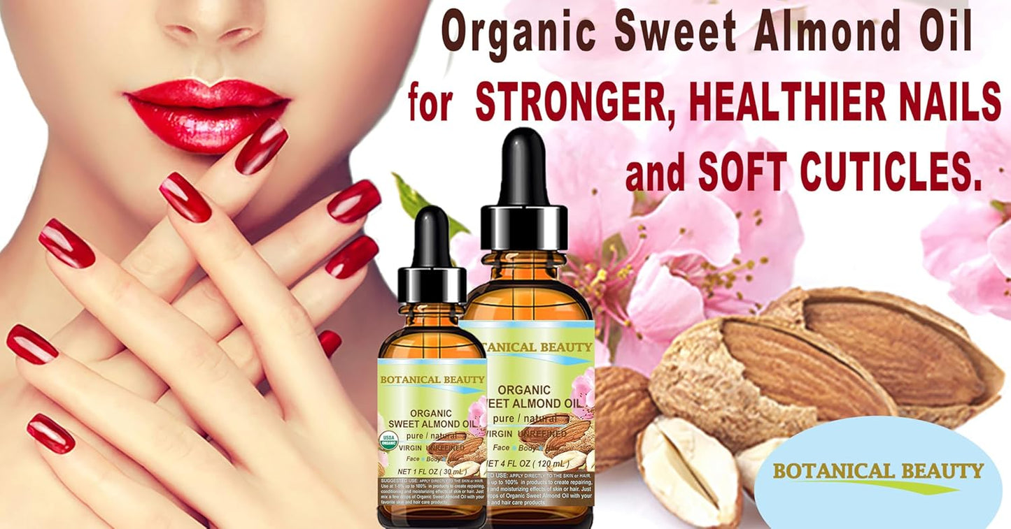 Botanical Beauty‎ Organic SWEET ALMOND OIL 100% Pure Natural Virgin Unrefined Undiluted Cold Pressed Carrier Oil for Face, Skin, Body, Hair, Massage, Nails. 2 Fl. oz - 60 ml