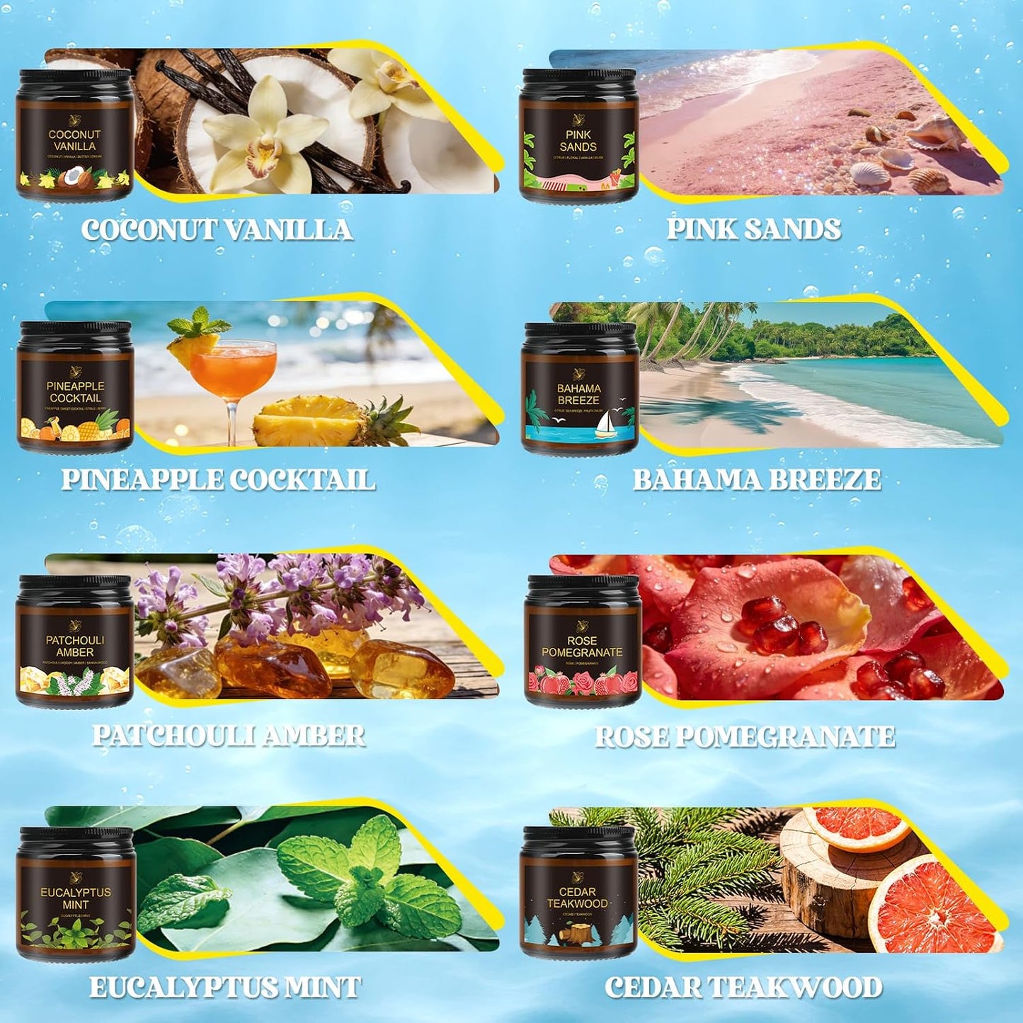 8-Pack Scented Candle, 28oz Burn Time 160 Hours, 8 Scents:Pineapple Cocktail, Coconut Vanilla, Pink Sands, Bahama Breeze& More. Perfect Spring and Summer Gift for Family and Friends.