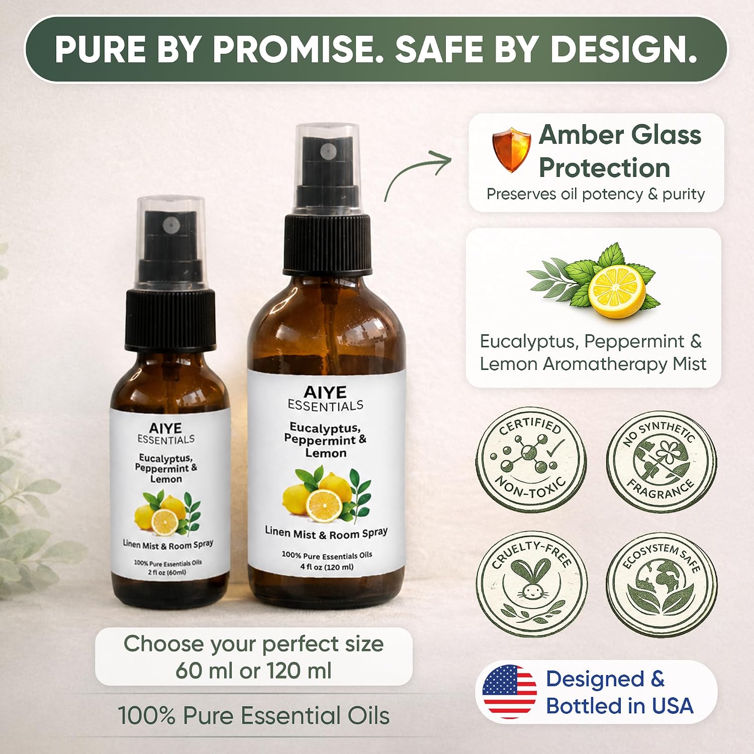 AIYE Essentials Eucalyptus, Peppermint and Lemon Aromatherapy Mist, 100% Pure Essential Oils, Linen & Room Spray Non-Toxic 4 fl oz (120 ml)