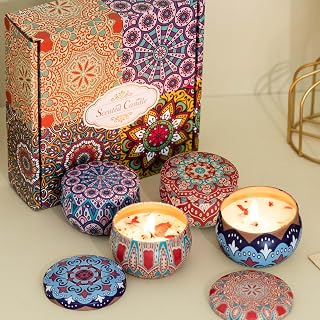 Scented Candles Gift Set, 2.5 oz Aromatherapy Candles for Home, Portable Candles, Soy Wax Tin Jar Candles for Yoga, Bath Long Lasting Time Candles Gift for Women Lavender/Rose/Vanilla/Wolfberry Orange