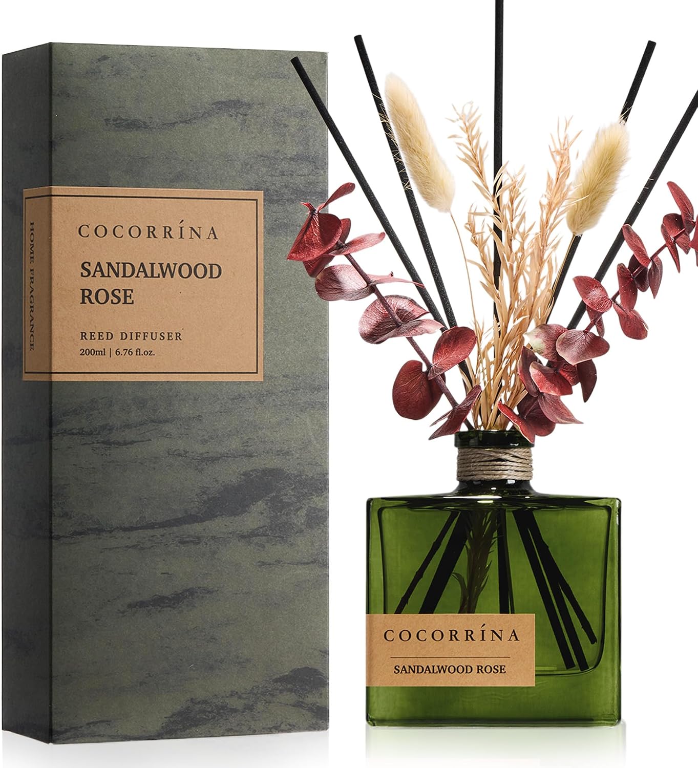 COCORRÍNA Reed Diffuser, 6.76 oz Sandalwood Rose Scent Reed Diffuser with 6 Sticks & Dried Flowers, Long Lasting Elegant Fragrance Home Décor for Bathroom Bedroom Office