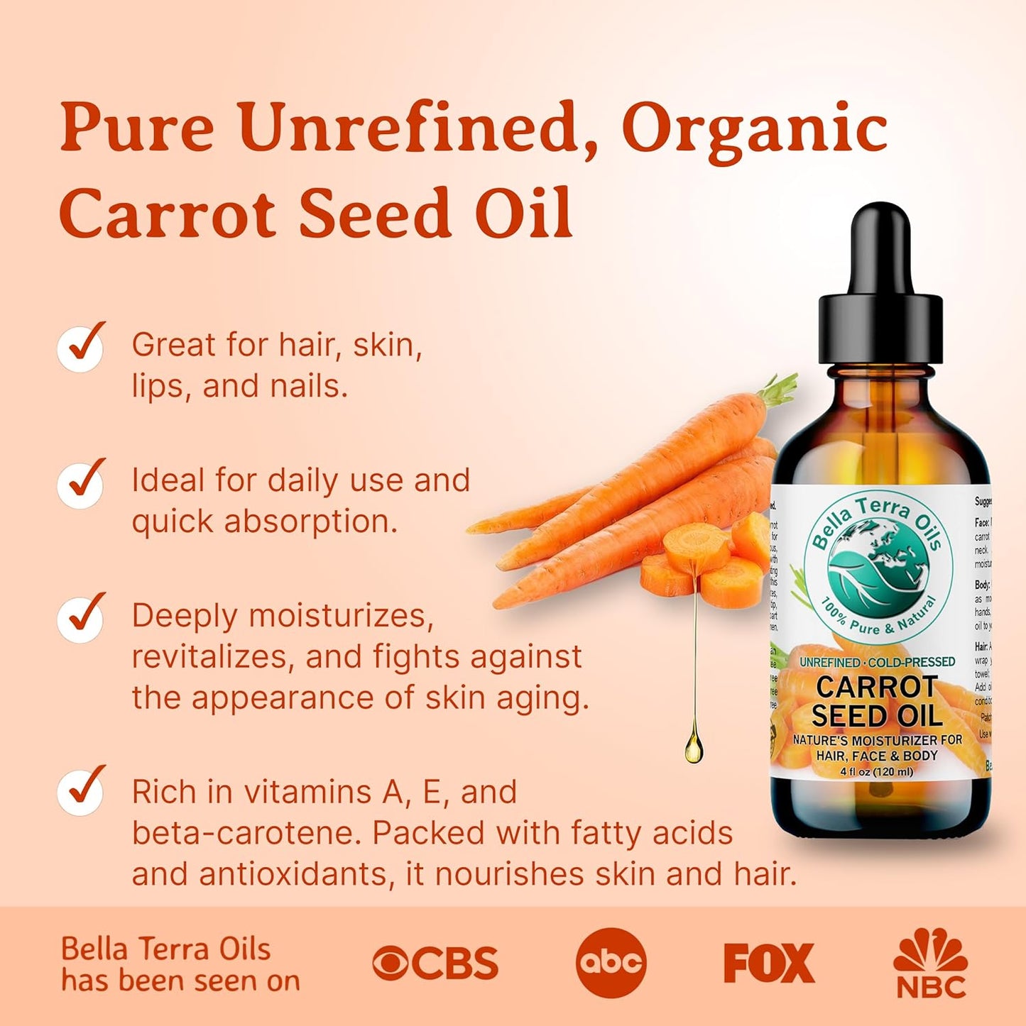 Bella Terra Oils - Organic Carrot Seed Oil 4 oz - Dive into Carotene's Natural Power, High in Essential Fatty Acids, Experience Luxurious Skin Nourishment