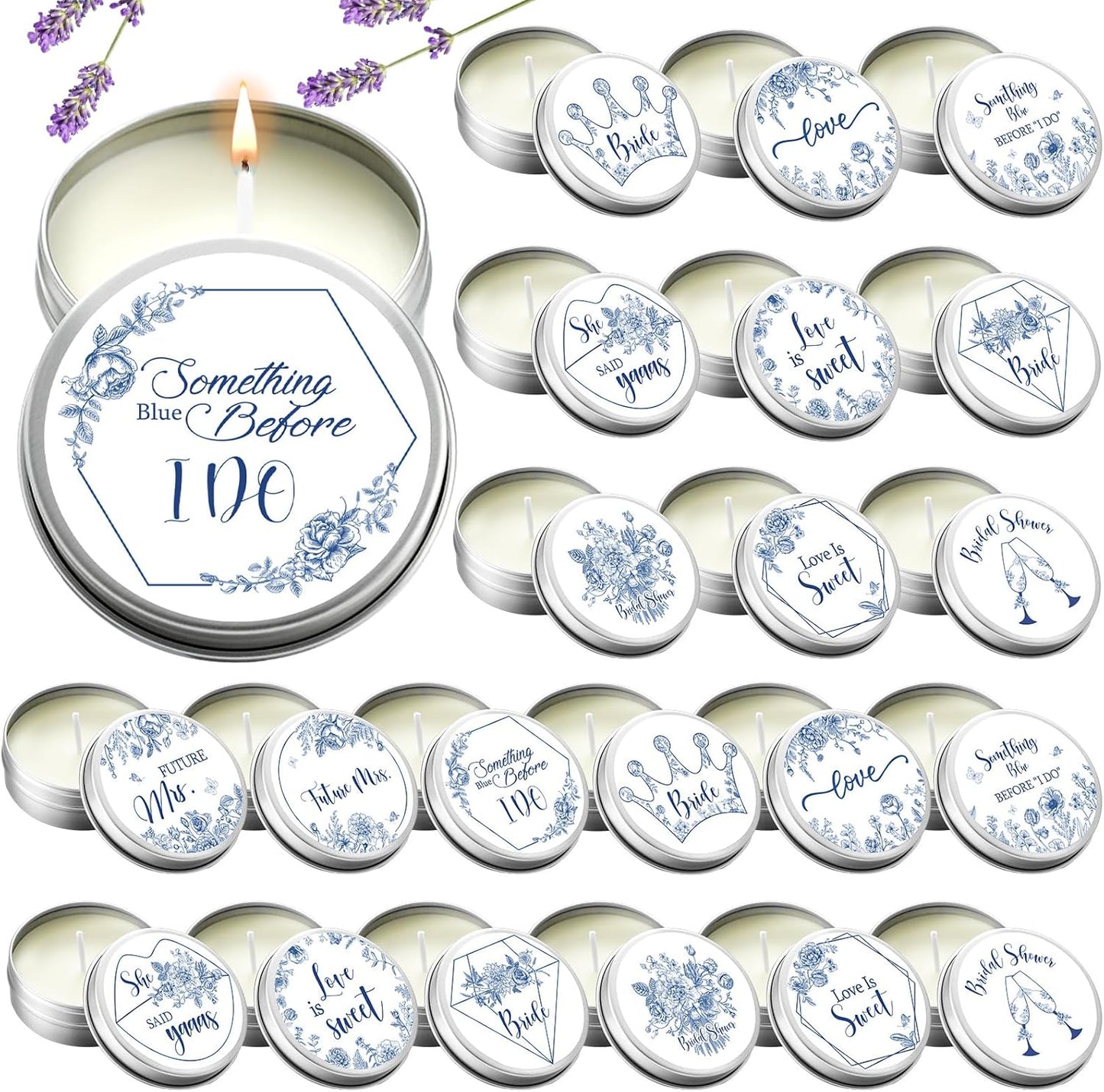 Treela 24 Pcs Something Blue Before I Do Candles Favors Lavender Scented Candle Tins with Lids Floral Candle Gift Favors for Something Blue Bridal Shower Bachelorette Engagement Wedding Party