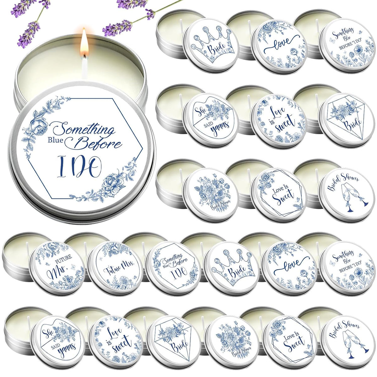 Treela 24 Pcs Something Blue Before I Do Candles Favors Lavender Scented Candle Tins with Lids Floral Candle Gift Favors for