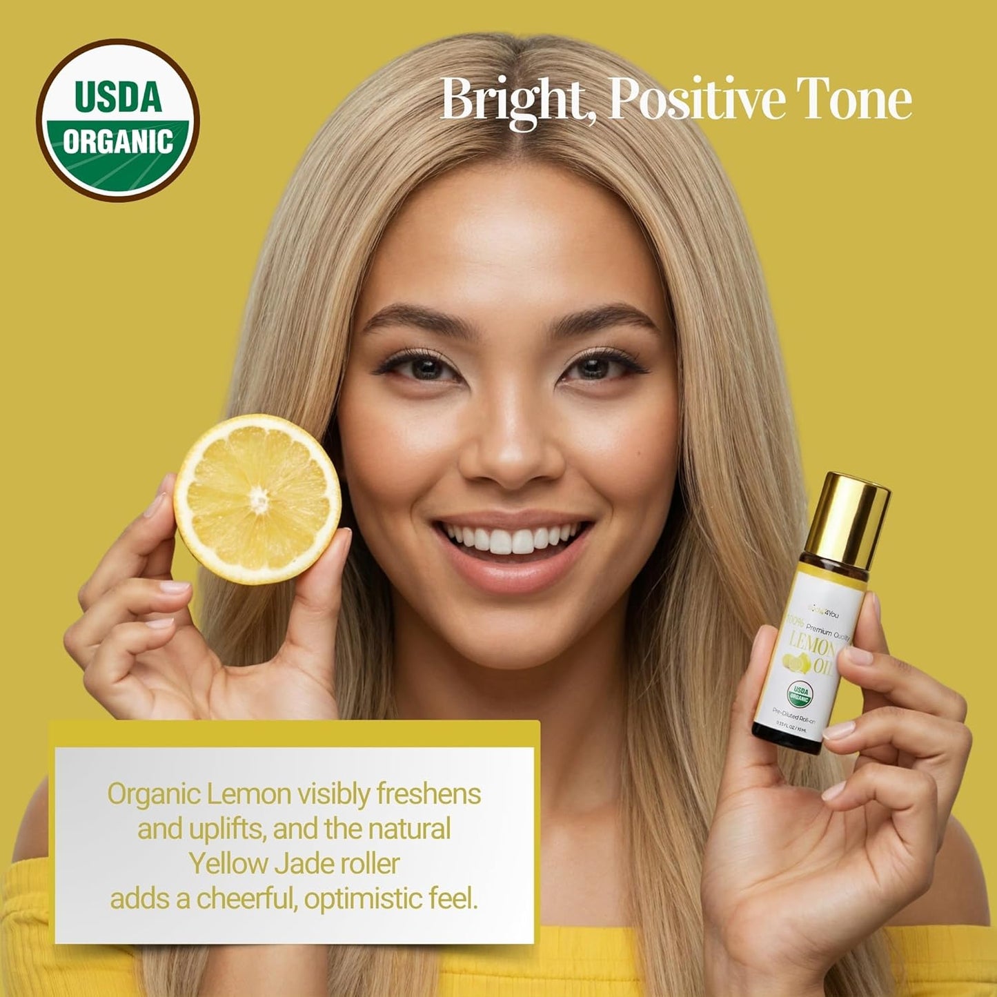 BodyJ4You Lemon + Rosemary Essential Oil Roll On Duo - Pure 100% USDA Organic MCT Coconut Oil - Natural Yellow Jade and Amethyst Stone Rollers - Uplift Focus Scalp Care Wrist Neck Temples - Amber Glas