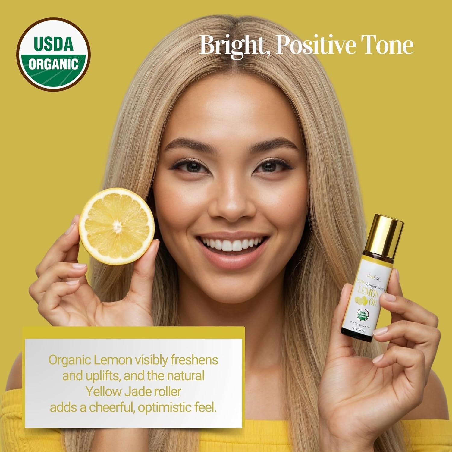 BodyJ4You Lemon + Rosemary Essential Oil Roll On Duo - Pure 100% USDA Organic MCT Coconut Oil - Natural Yellow Jade and Amethyst Stone Rollers - Uplift Focus Scalp Care Wrist Neck Temples - Amber Glas