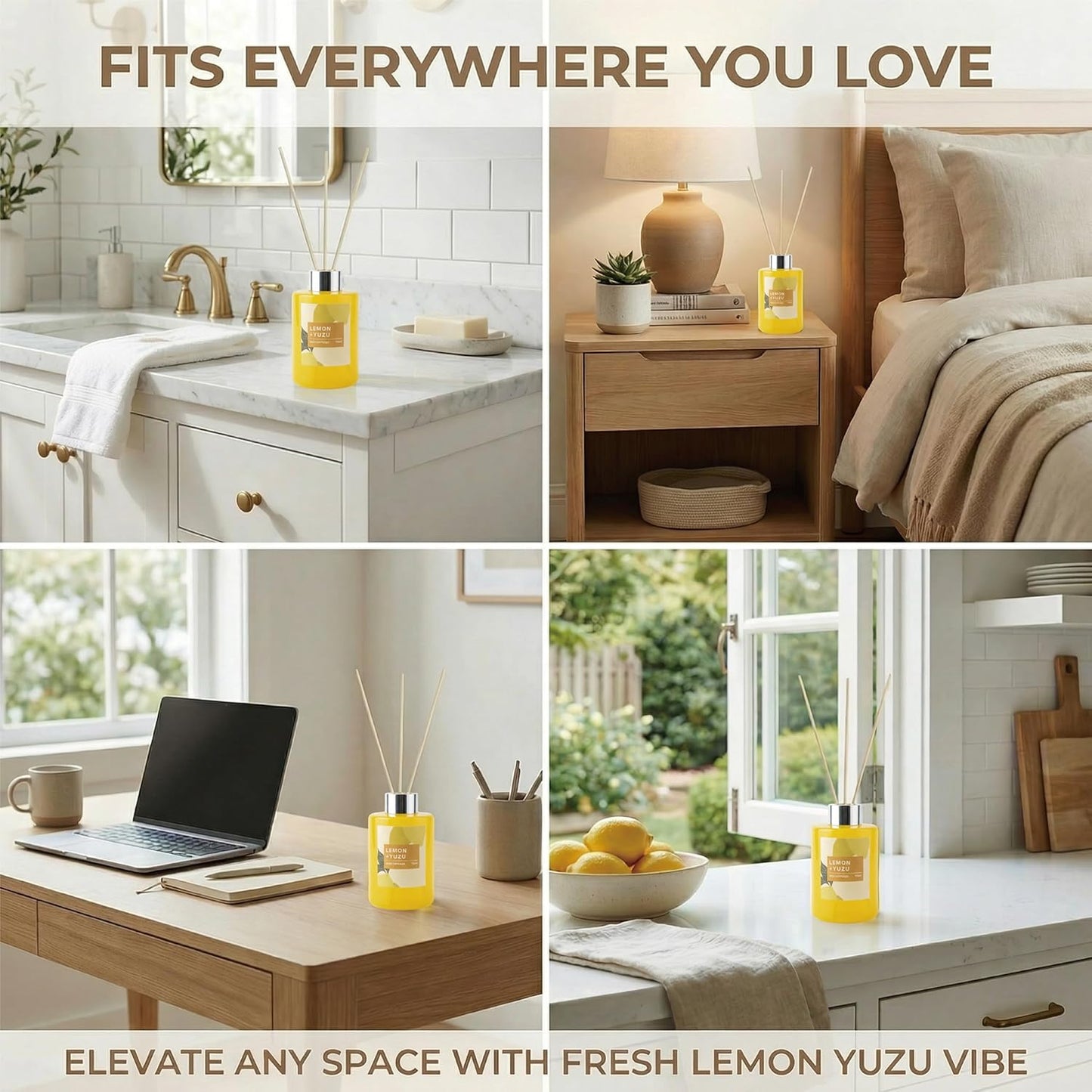 Fresh Lemon Scented Reed Diffuser Set – 4.06 fl.oz (120ml) with Sticks, Natural Essential Oil Aromatherapy for Home, Bedroom & Bathroom Decor, Housewarming Gift