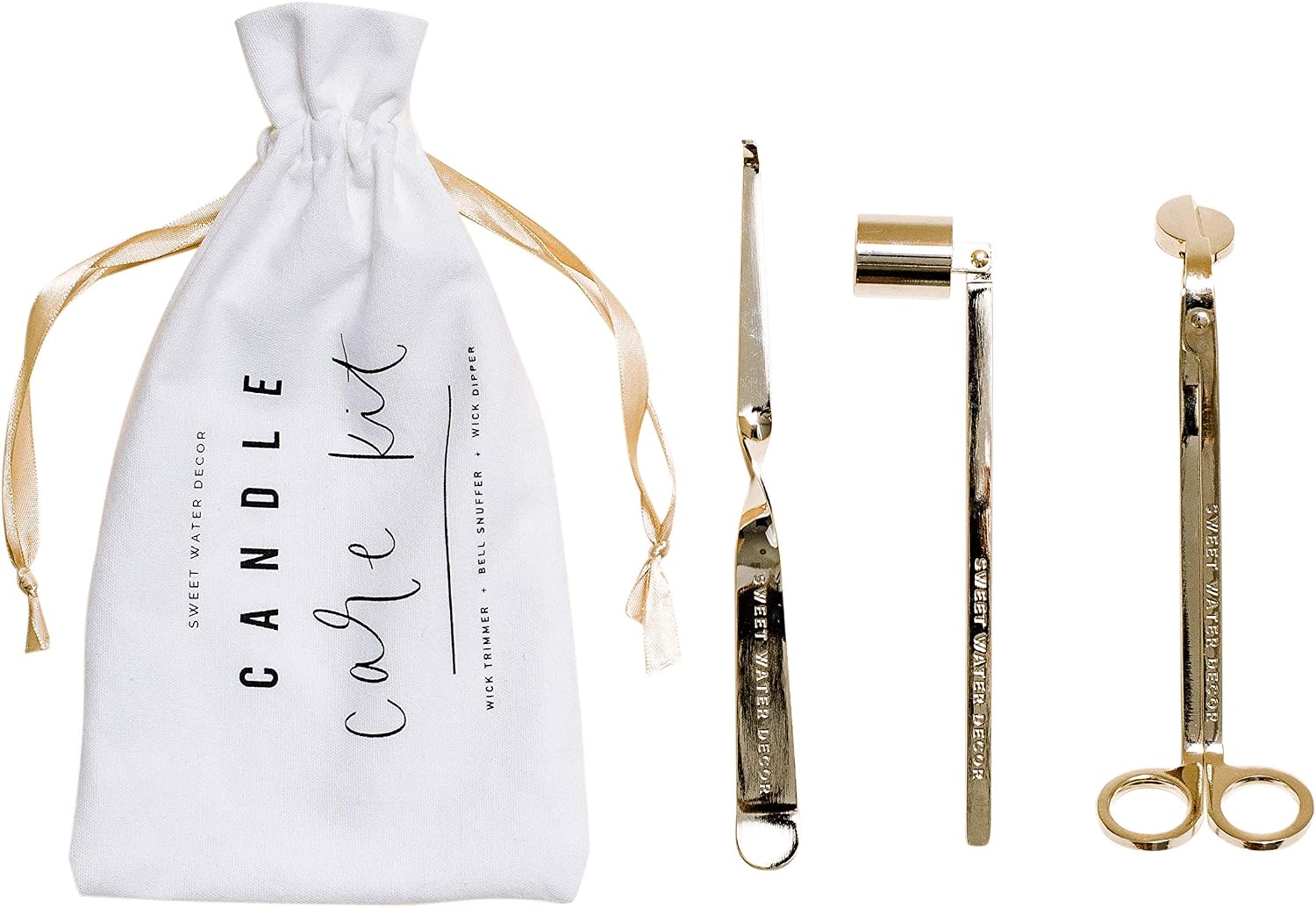 Sweet Water Decor Candle Care Kit | Golden Candle Accessory Set Includes Wick Trimmer, Wick Dipper, and Bell Snuffer Tools with Drawstring Bag for Candle Lovers (Gold)