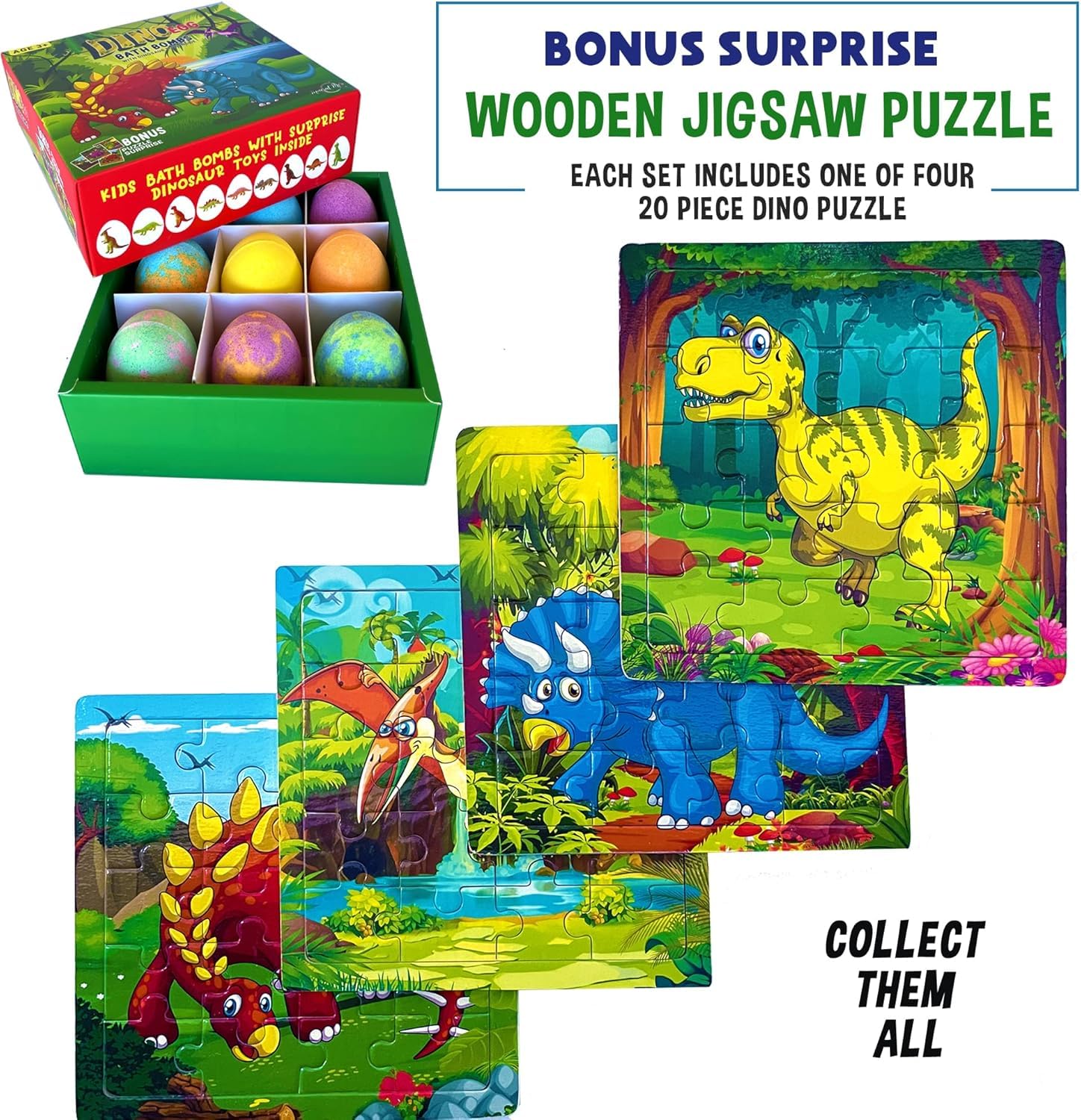 Bath Bombs for Kids with Surprise Toys Inside Plus Dinosaur Puzzle - Set of 9 Organic Dino Egg Bath Bombs with Rich Bubbles, Birthday Gifts for Kids