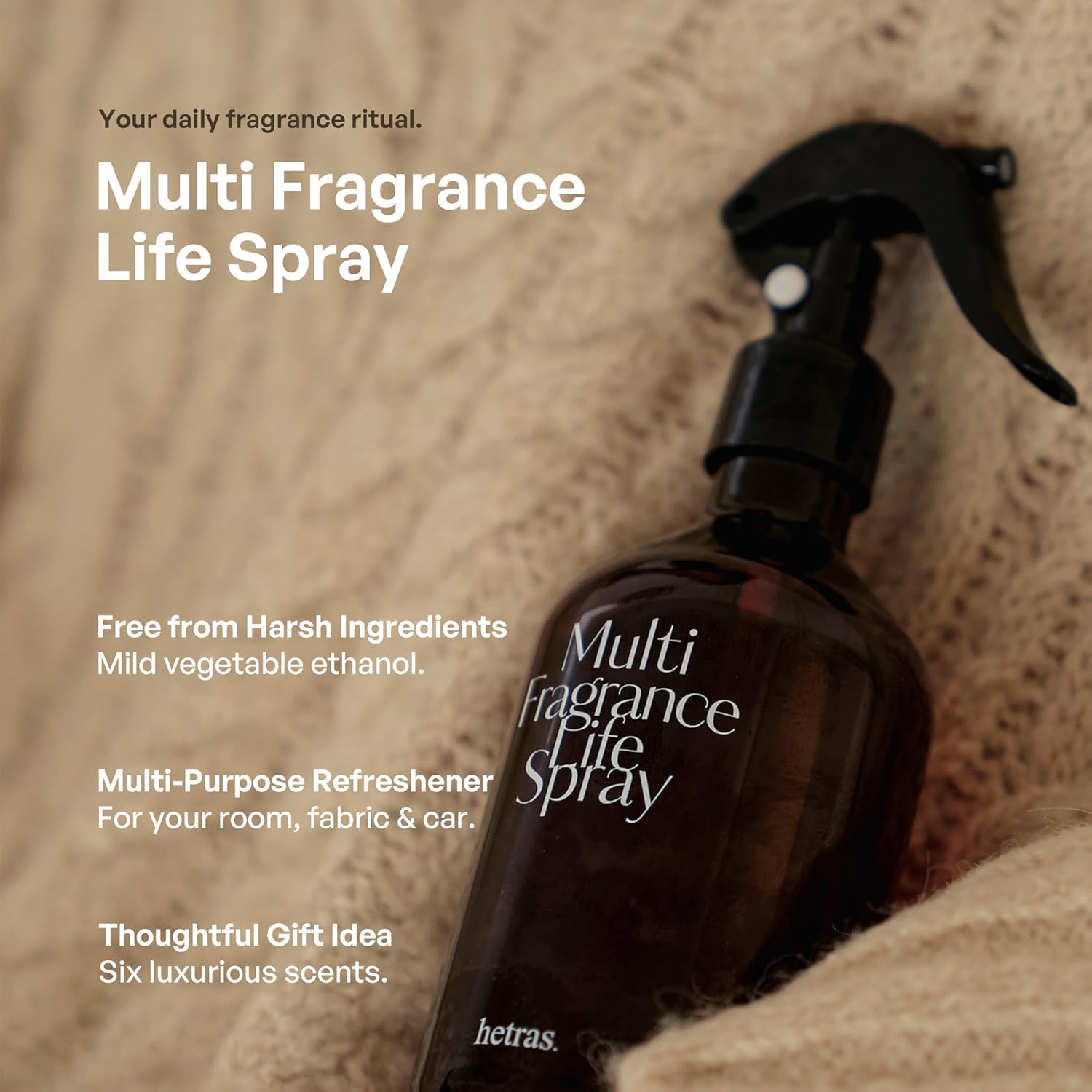 hetras Multi Fragrance Life Spray (Pure Laundry Scent) – Non-Aerosol Room & Fabric Deodorizer | Large Capacity 10.14 fl.oz x 2-Pack | Fresh Cotton & Warm Linen Aroma Infused with Essential Oils