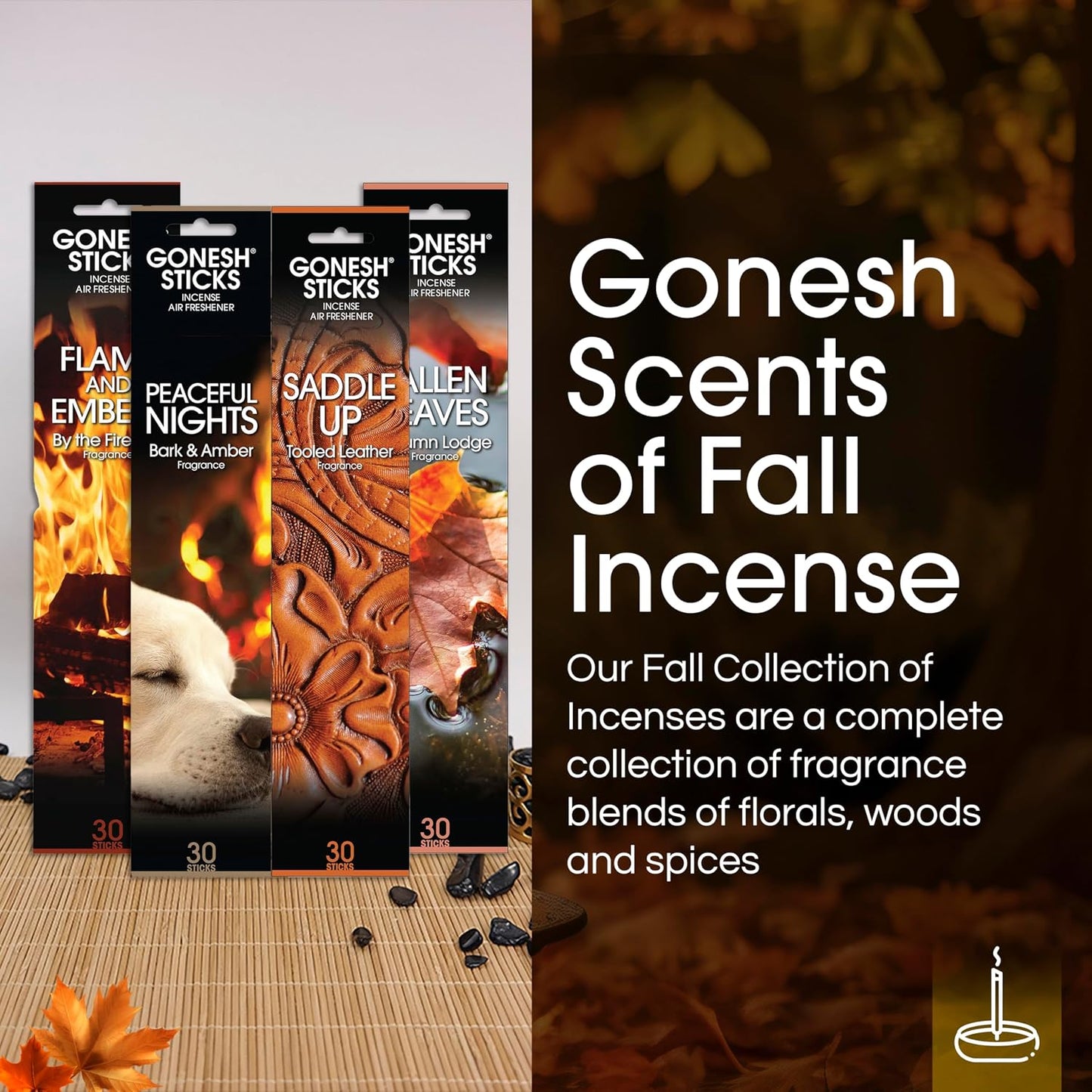Gonesh Scents of Fall - Incense Sticks Variety Pack - Non-Toxic 10” Slow Burn Aromatic Sticks - Bark & Amber, By the Fireside, Autumn Lodge, Tooled Leather - 30 Sticks Each