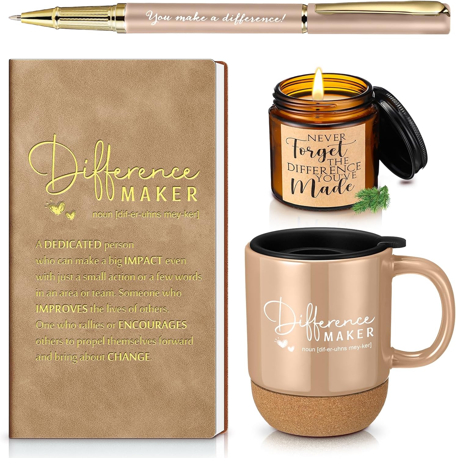 Vesici 4 Pcs Difference Maker Gift Set for Employee Mug Notebook Candle Pen | Thank You Gift for Women Men Teacher Nurse Coworker Secretary Boss(Brown,Word)