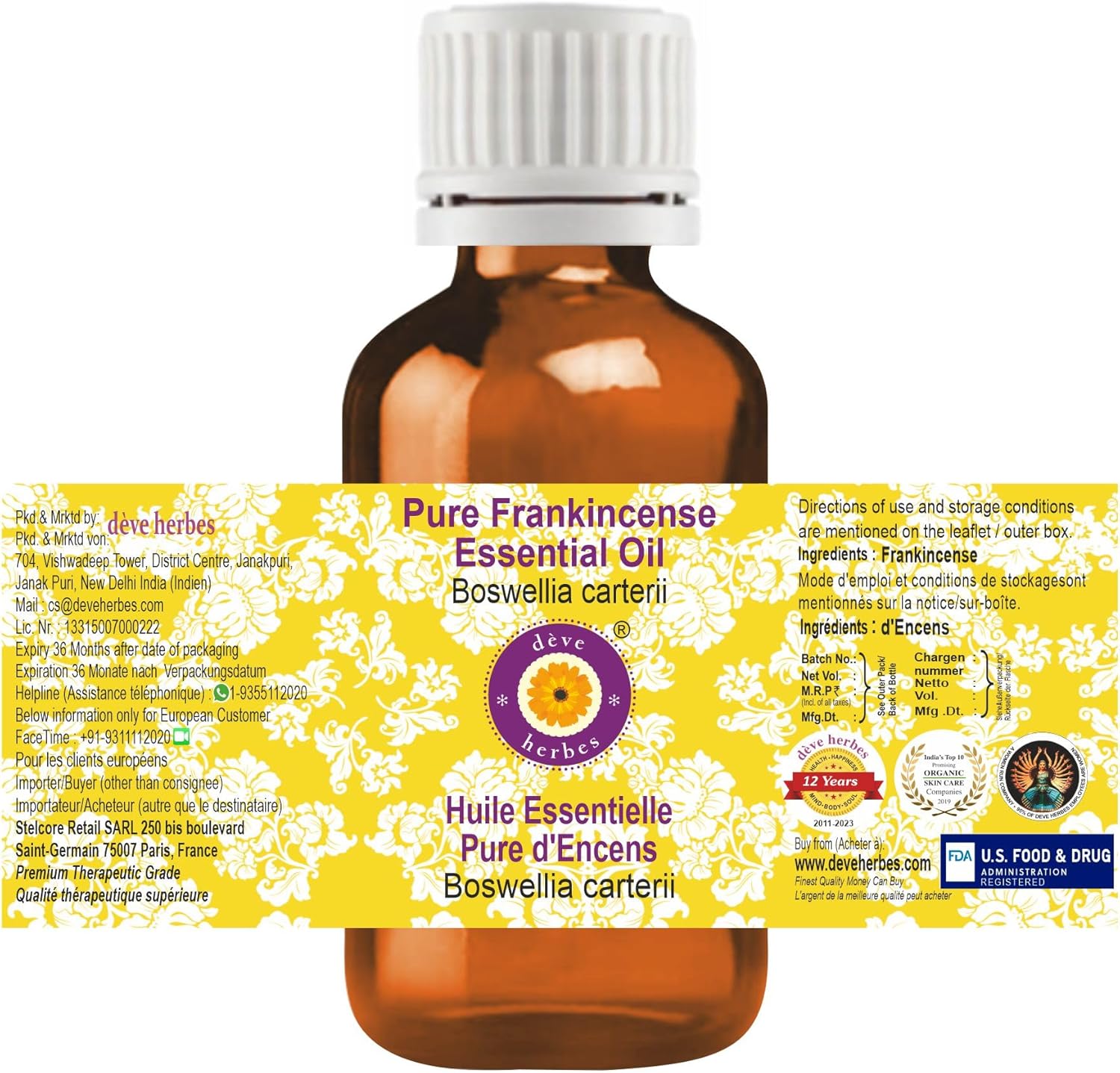 Deve Herbes Pure Frankincense Essential Oil (Boswellia carterii) 100% Therapeutic Grade Steam Distilled 15ml (0.50 oz)
