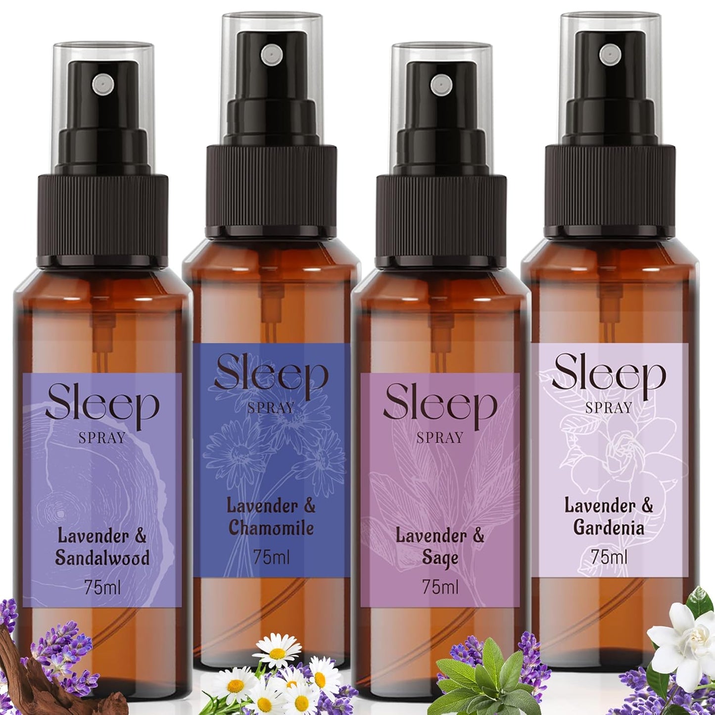 STRN Sleep Spray, Lavender Essential Oil Mist, Sleep Spray for Pillows, 4 Lavender Scented - Gardenia, Chamomile, Sandalwood, Sage, Sweet Dream Fragrance, 75 ML x 4 Packs