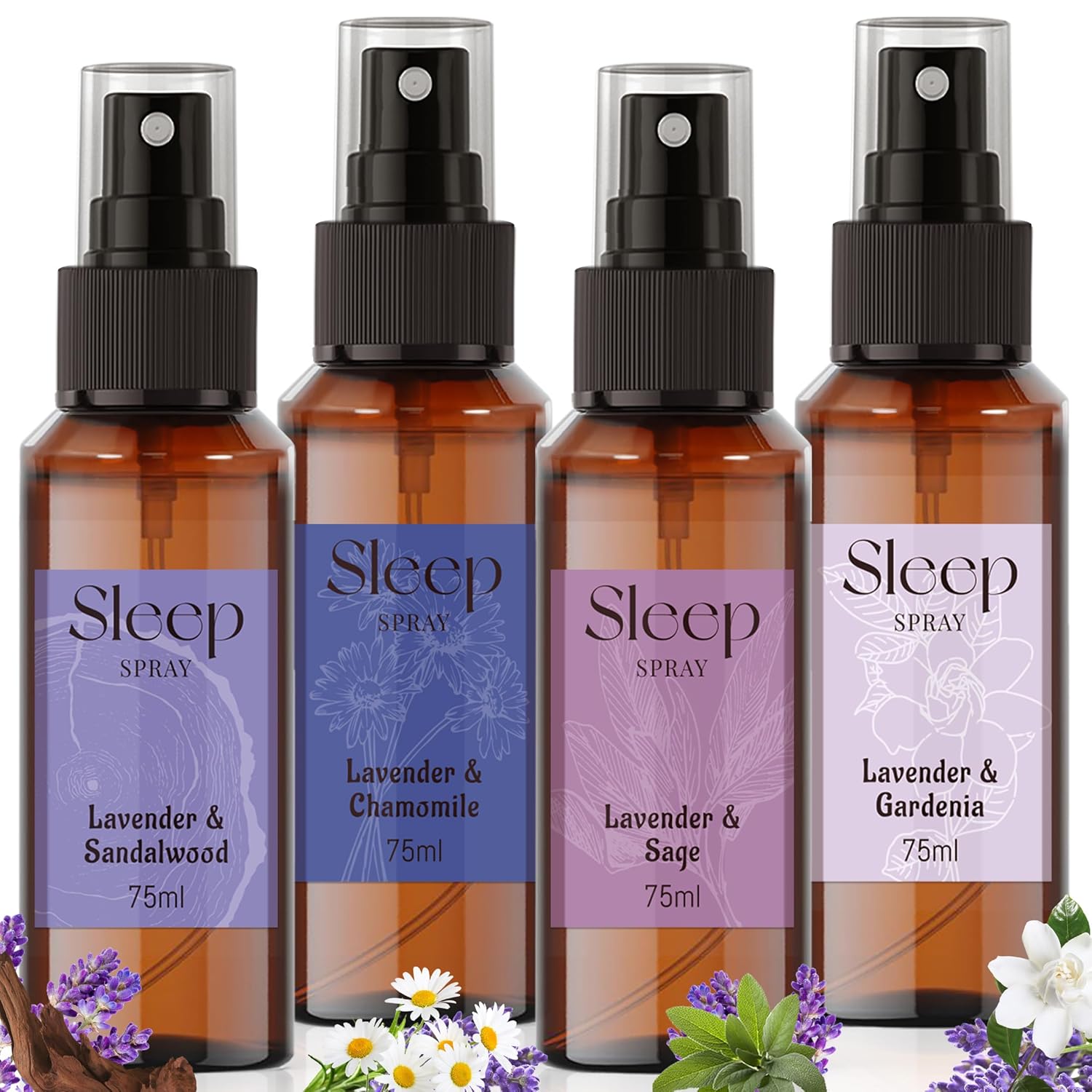 STRN Sleep Spray, Lavender Essential Oil Mist, Sleep Spray for Pillows, 4 Lavender Scented - Gardenia, Chamomile, Sandalwood, Sage, Sweet Dream Fragrance, 75 ML x 4 Packs