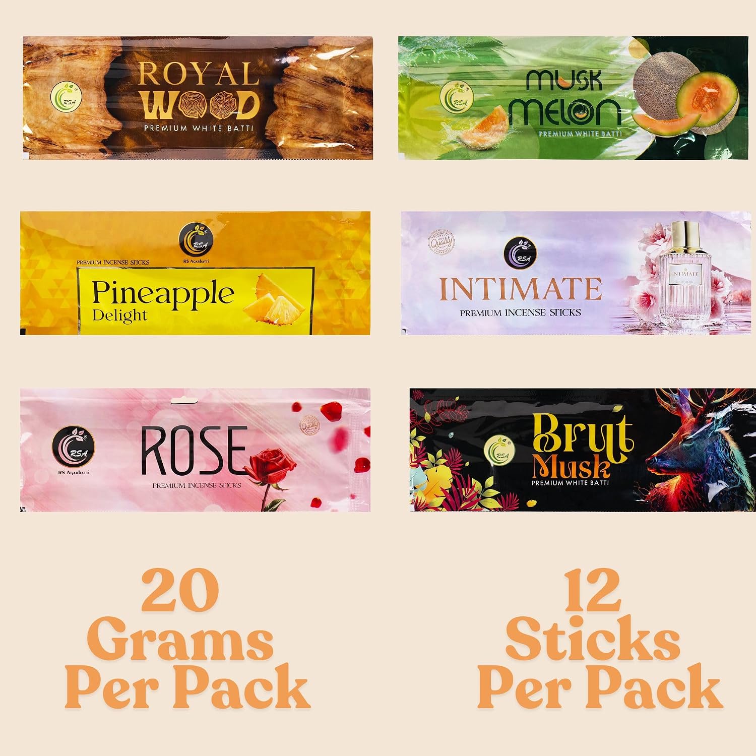Incense Sticks Gift Set for Relaxation, Meditation, Positivity, Stress Relief and Yoga with 1 Wooden Holder Brut Musk Royalwood Pineapple Intimate Musk Melon Rose, 12x6 Sticks, 20x6 gram, Hashcart®