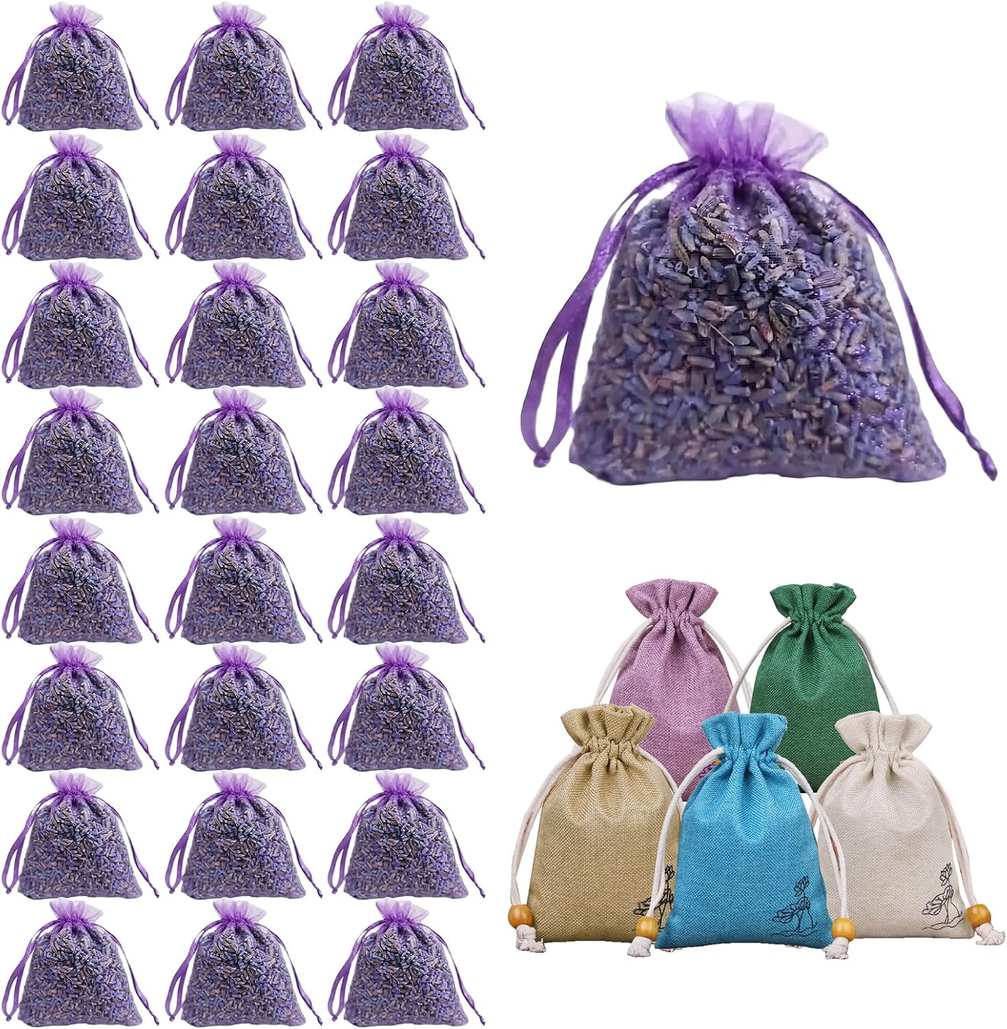 AZY Lavender-Scented Sachet Bags – 24 Pack with 5 Extra Linen Bags, Natural Fragrance Sachets for Drawers, Closets, Cars & Home Decoration