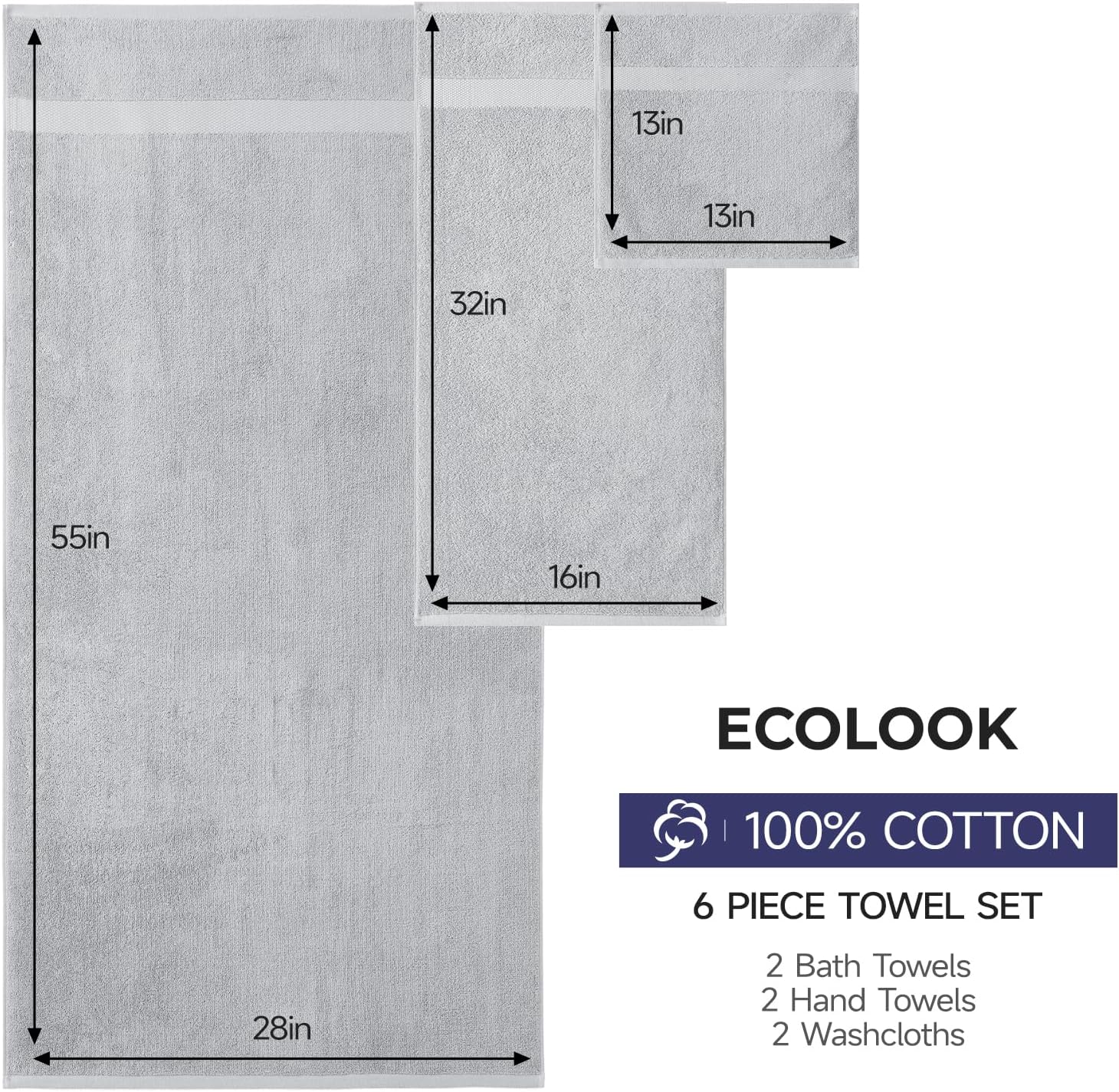 ecolook 6-Piece Bath Towel Set, 100% Cotton, Ultra Soft & Quick Dry | 2 Bath Towels 28x55 Inch, 2 Hand Towels, 2 Washcloths, Lightweight Highly Absorbent Towels for Bathroom, Spa, Gym, Light Gray