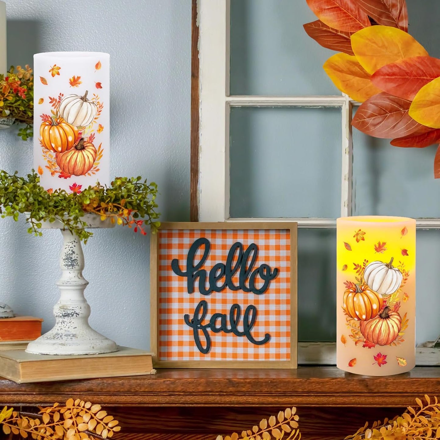 Whaline Fall LED Flameless Candles Orange Pumpkin Warm Light Battery Operated Pillar Candles Autumn Electric Flickering Candle for Thanksgiving Party Home Decor, Set of 3