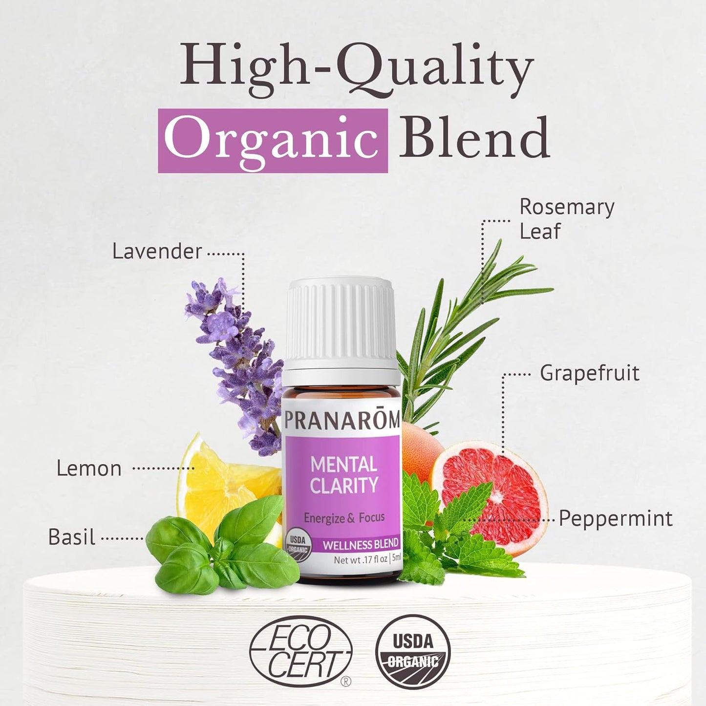 Pranarom - Mental Clarity & Focus Essential Oil, Pure Essential Oil for Diffusers, Revitalizing Aroma Oil, Lavender, Lemon, Peppermint, and More, Organic Essential Oil Blend, 2 Pack of 5ml Each