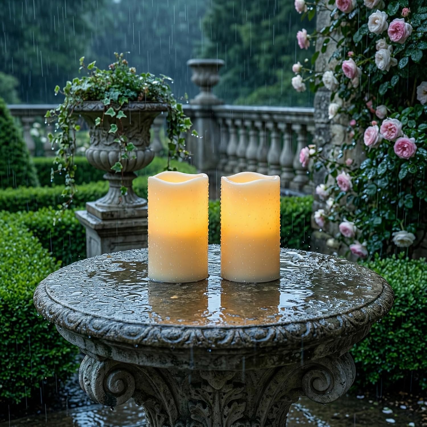 5plots 3" X 5" Outdoor Waterproof Candles, Battery Operated Led Ivory White Flameless Candles with 10-Key Remote & Timer for Indoor Home Lantern Holiday Decor, Set of 2