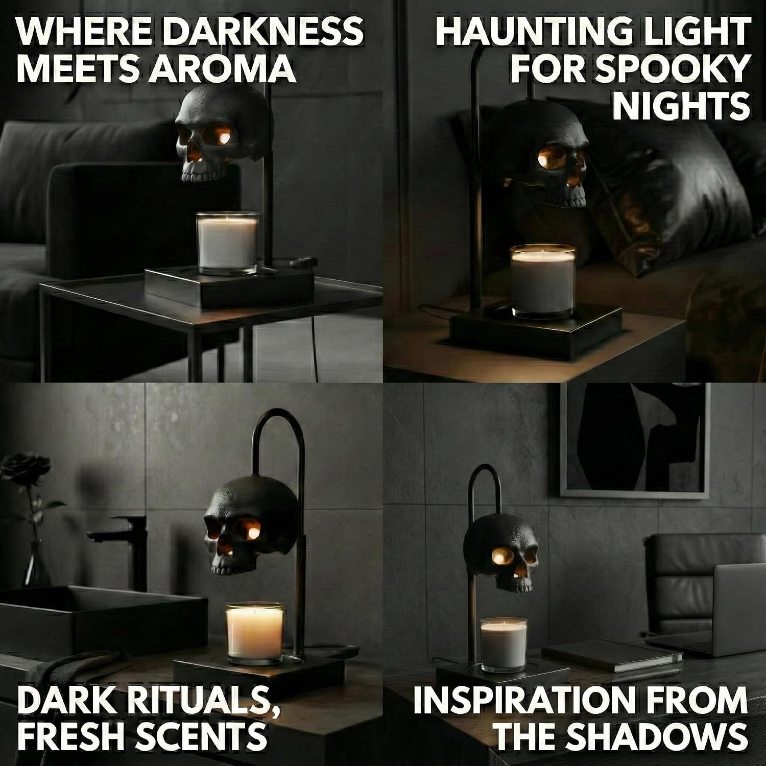 Skull Candle Warmer Lamp with Timer and Dimmer *Candles NOT Included – Black Gothic Candle Lamp Warmer w/ Adjustable Height, 2 Light Bulbs – Skull Decor, Goth Gothic Decor Spooky Home & Witchy Gifts